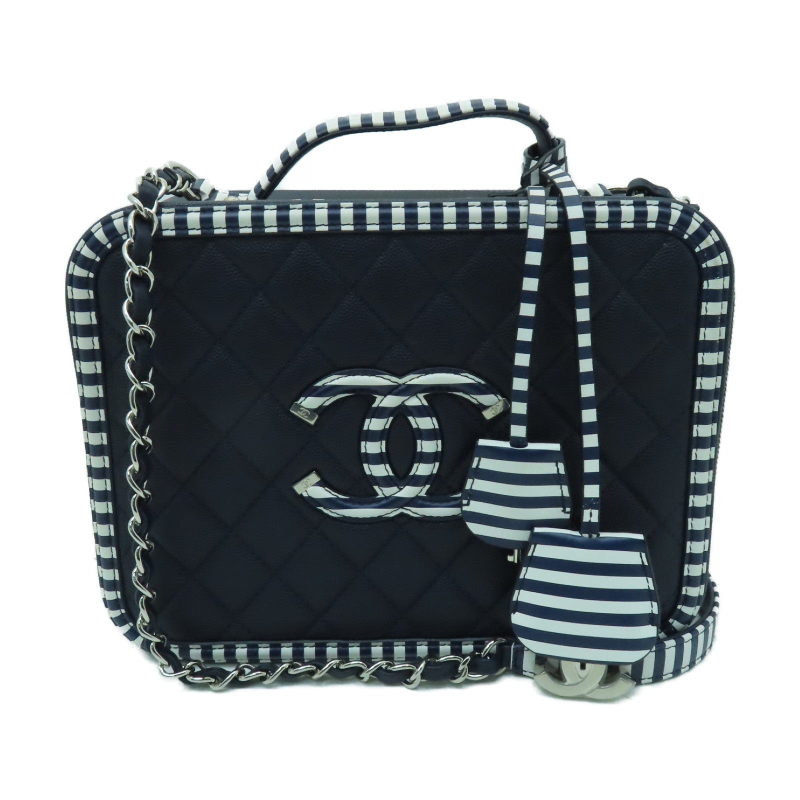 CHANEL 【激減優惠】菱格Caviar皮革Vanity Case銀扣手挽肩背兩用袋深藍色/白色