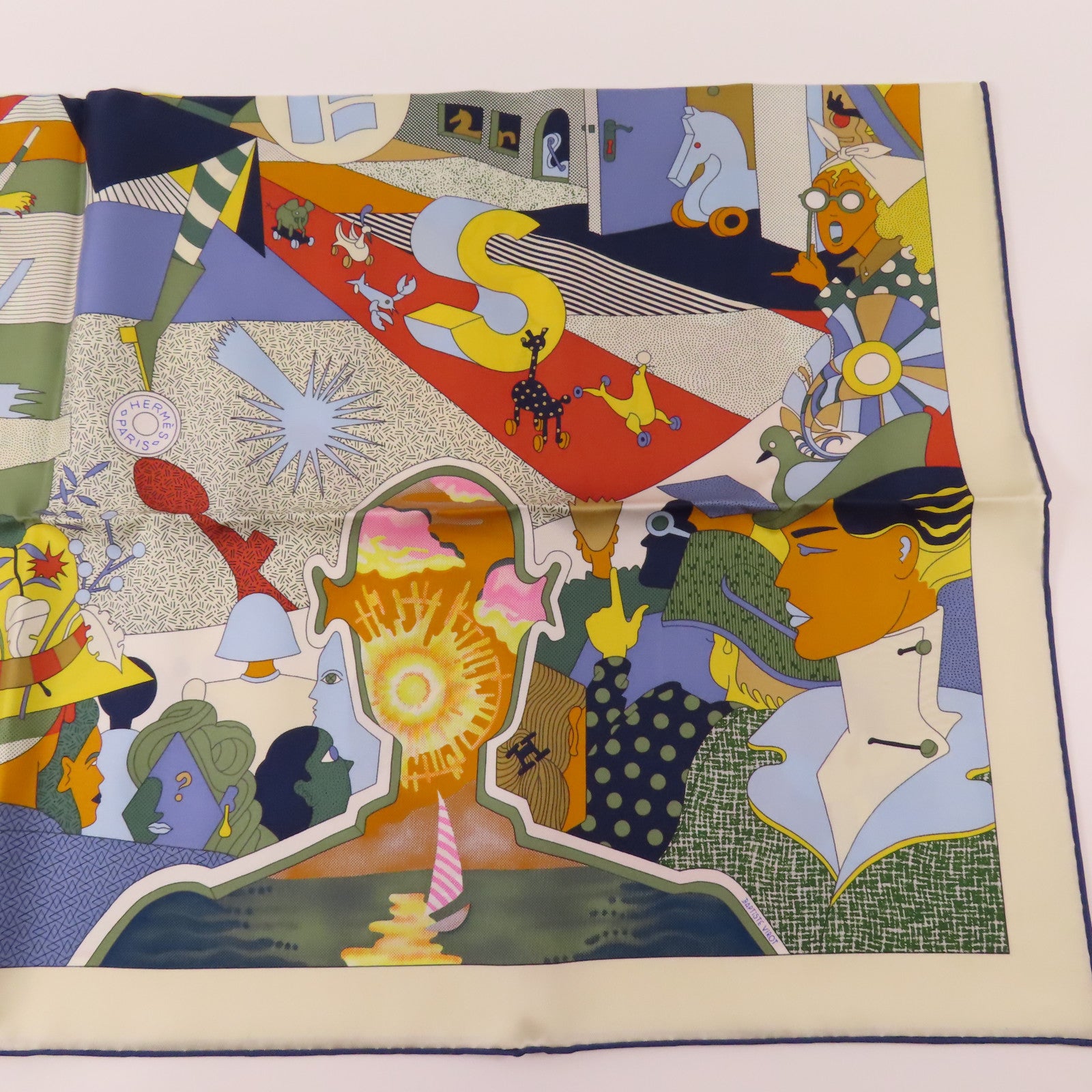HERMES 絲質Scarf 90x90cm絲巾米色/彩色