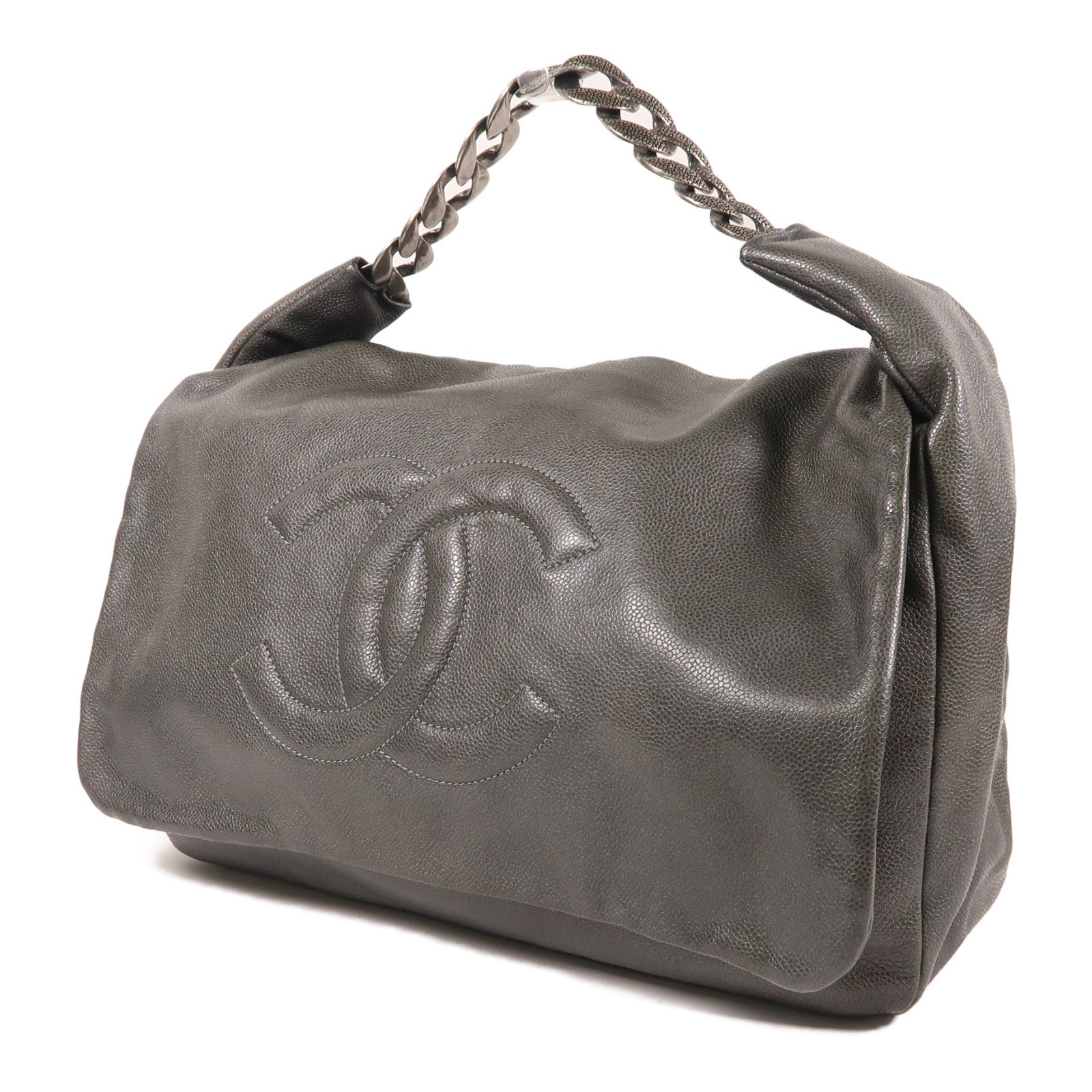 CHANEL 牛皮皮革Hand Bag銀扣手挽袋灰銀色