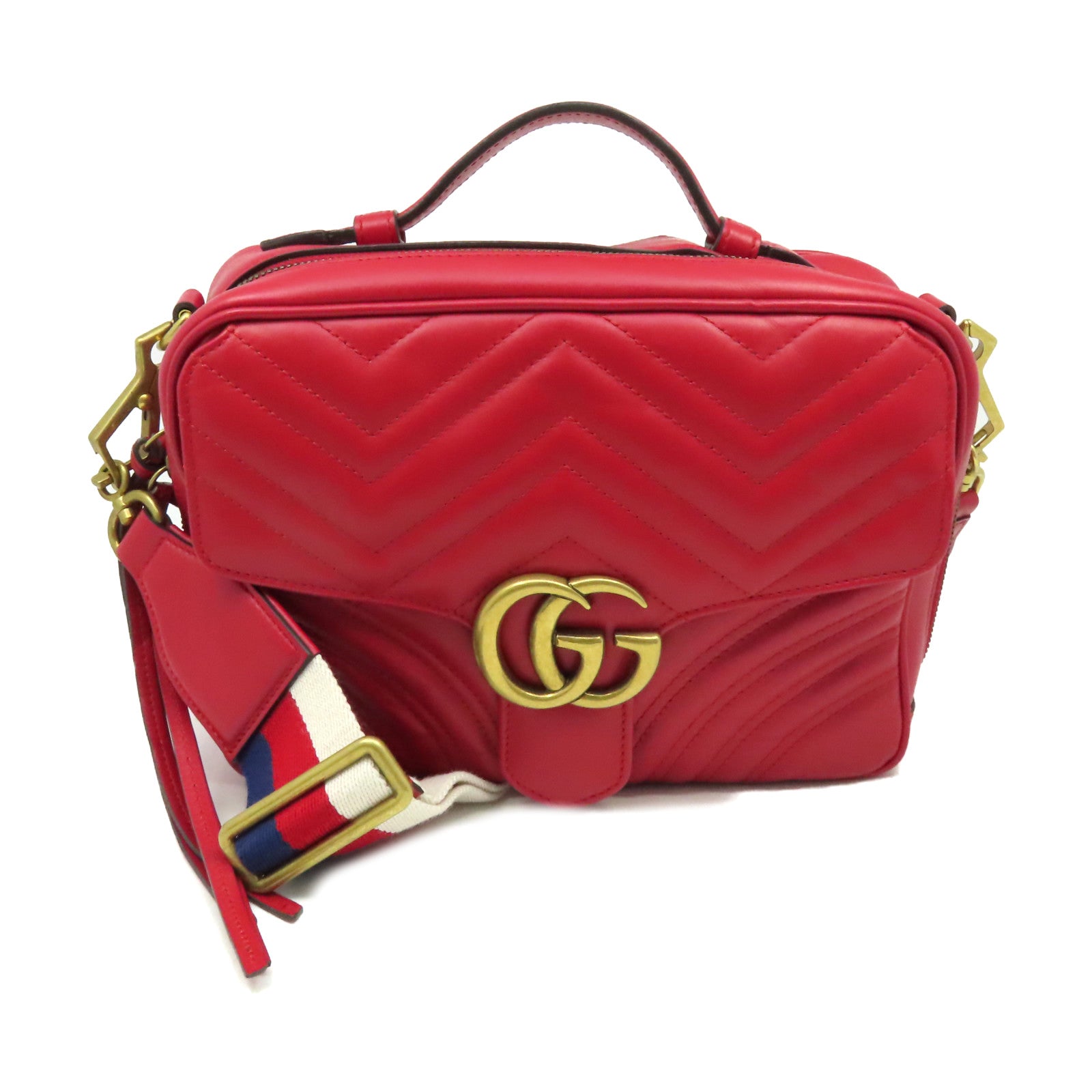 GUCCI **【激減優惠】牛皮皮革GG Marmont 2Way Shoulder Bag金扣鏈帶手挽肩背兩用袋紅色