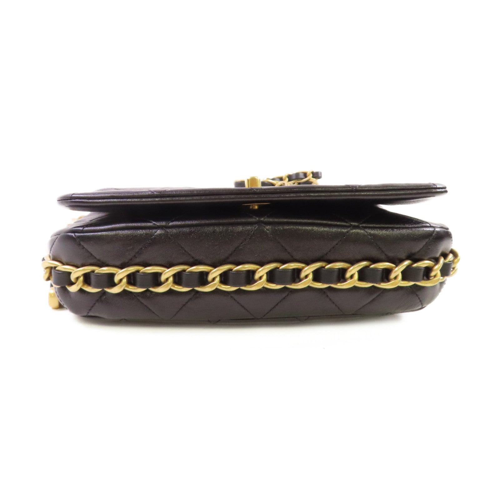 CHANEL 菱格牛皮皮革Chain Shoulder Bag金扣鏈帶肩背袋黑色
