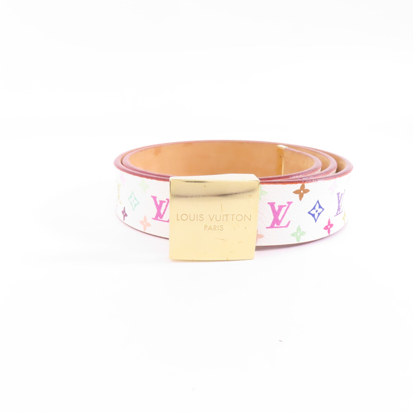 LOUIS VUITTON Monogram Multicolore Ceinture Carre Belt 80cm金扣皮帶白色/彩色