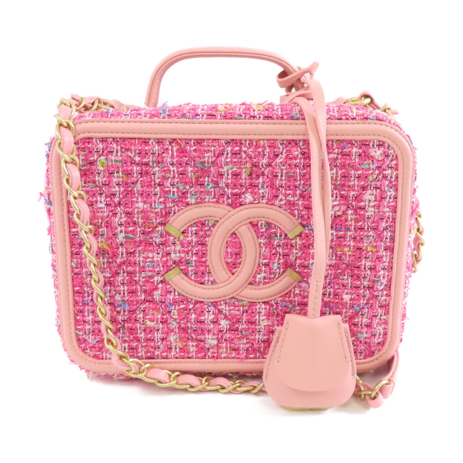 CHANEL 軟呢Vanity Case金扣手挽肩背兩用袋粉紅色
