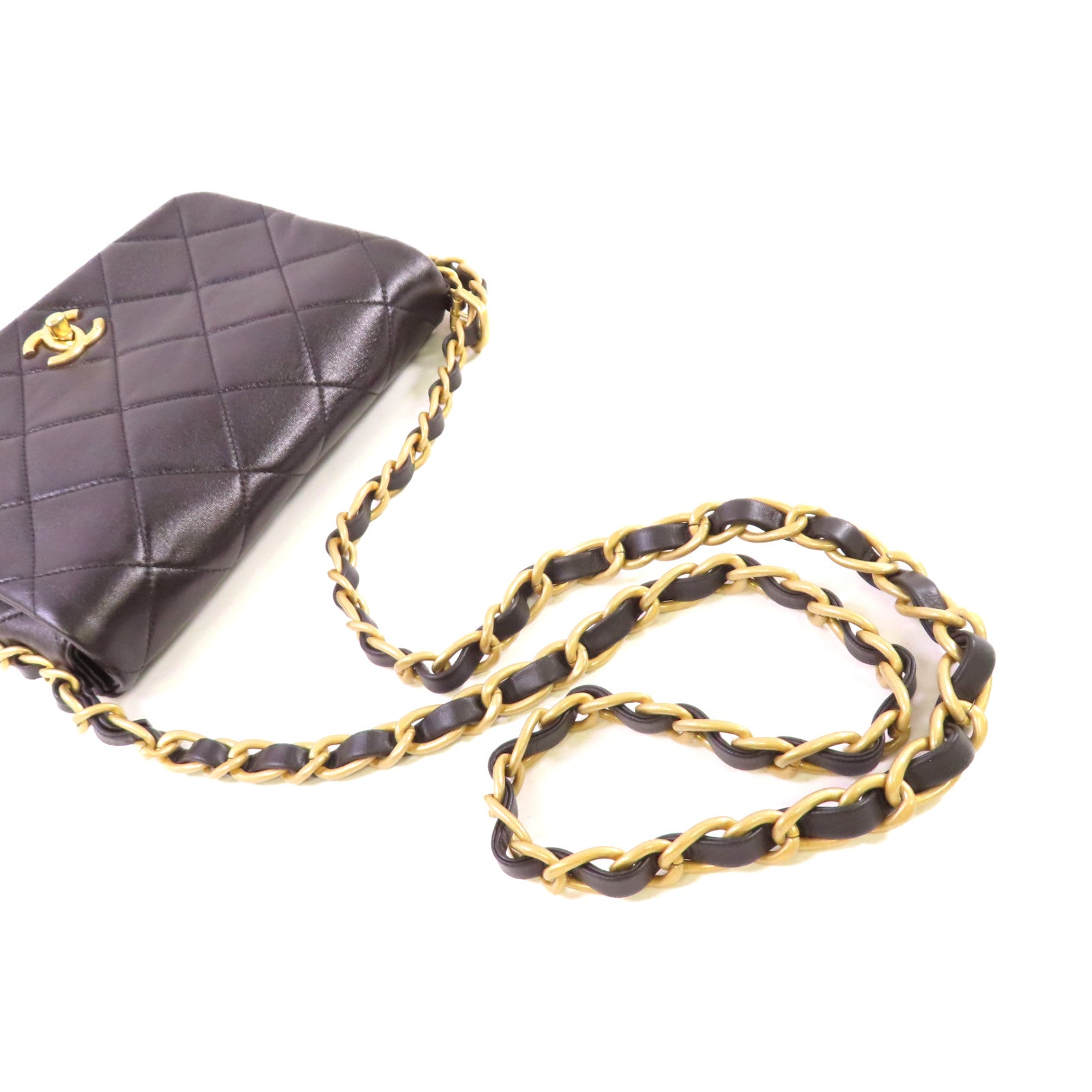 CHANEL 菱格牛皮皮革Chain Shoulder Bag金扣鏈帶肩背袋黑色