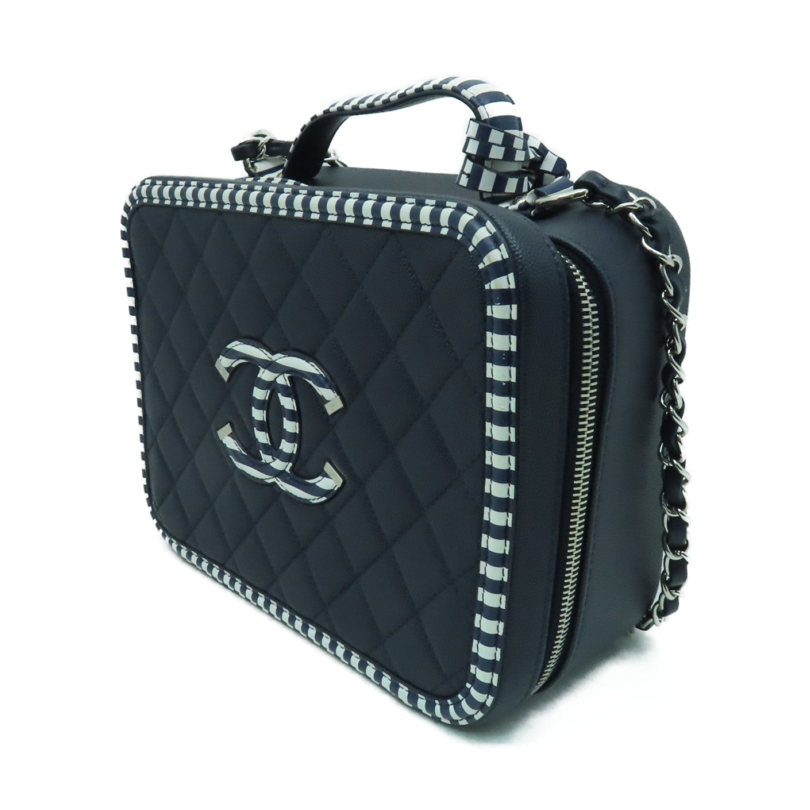 CHANEL 【激減優惠】菱格Caviar皮革Vanity Case銀扣手挽肩背兩用袋深藍色/白色