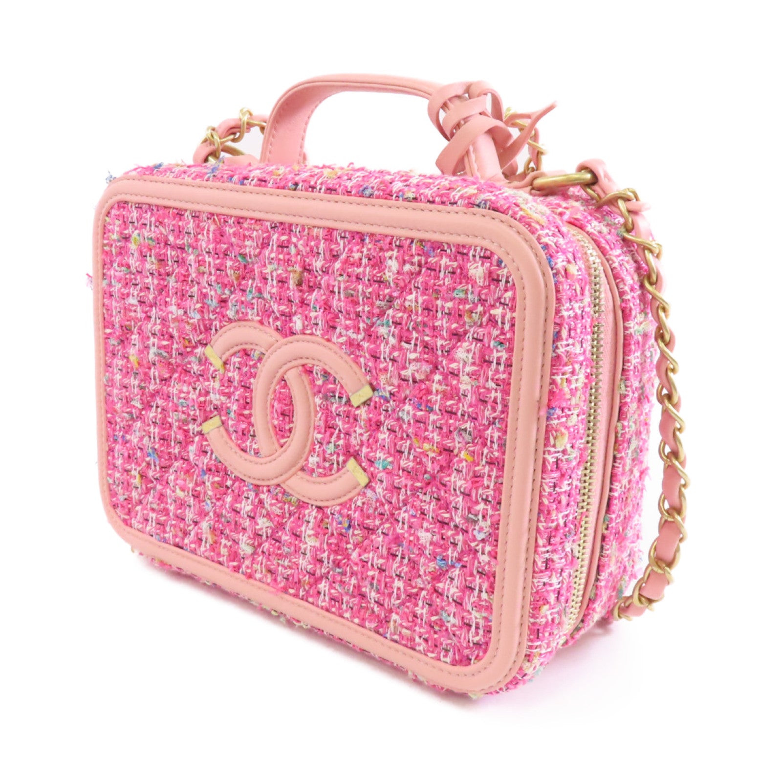 CHANEL 軟呢Vanity Case金扣手挽肩背兩用袋粉紅色