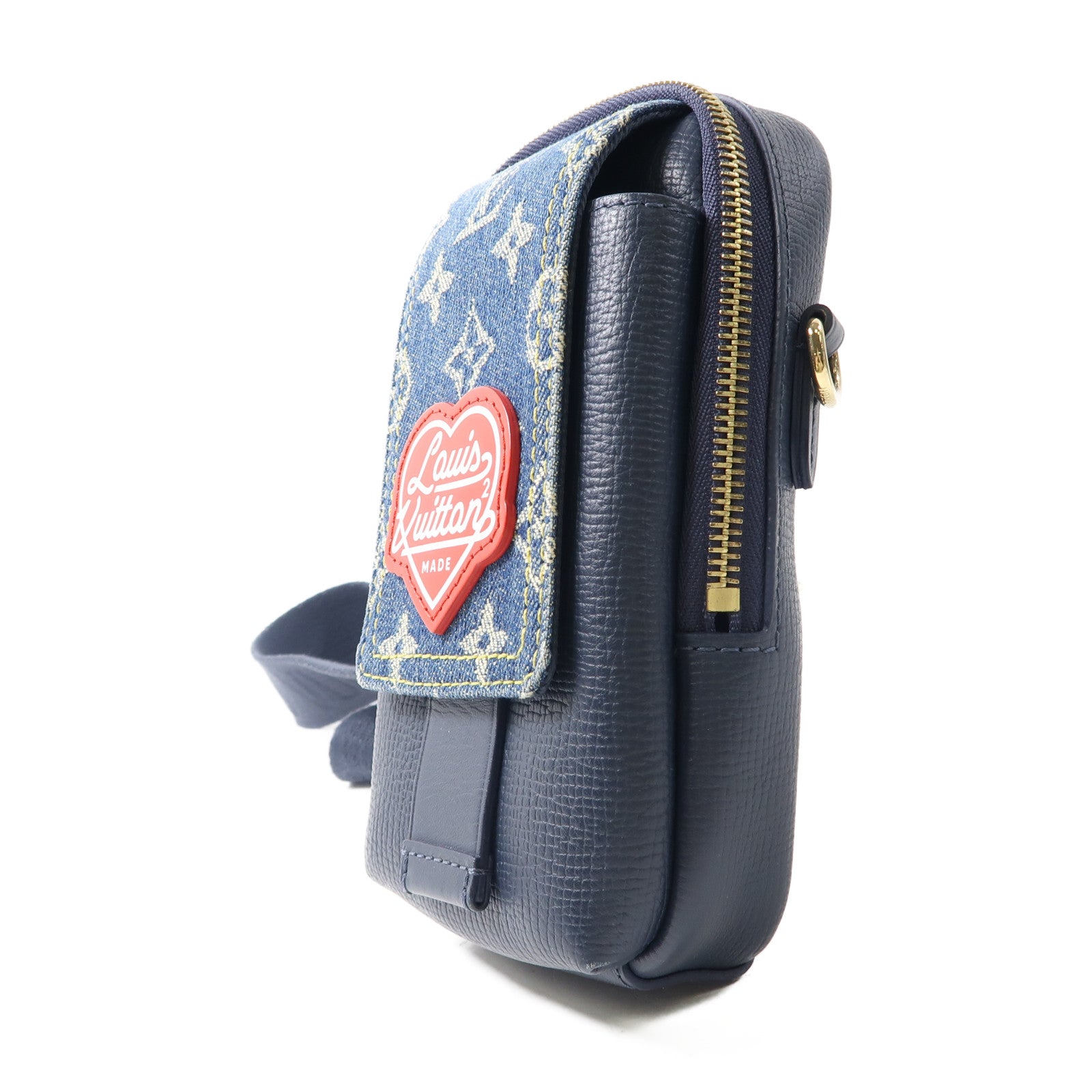 LOUIS VUITTON Monogram Denim/Taurillon x Nigo Flap Double Phone Pouch金扣肩背袋藍色