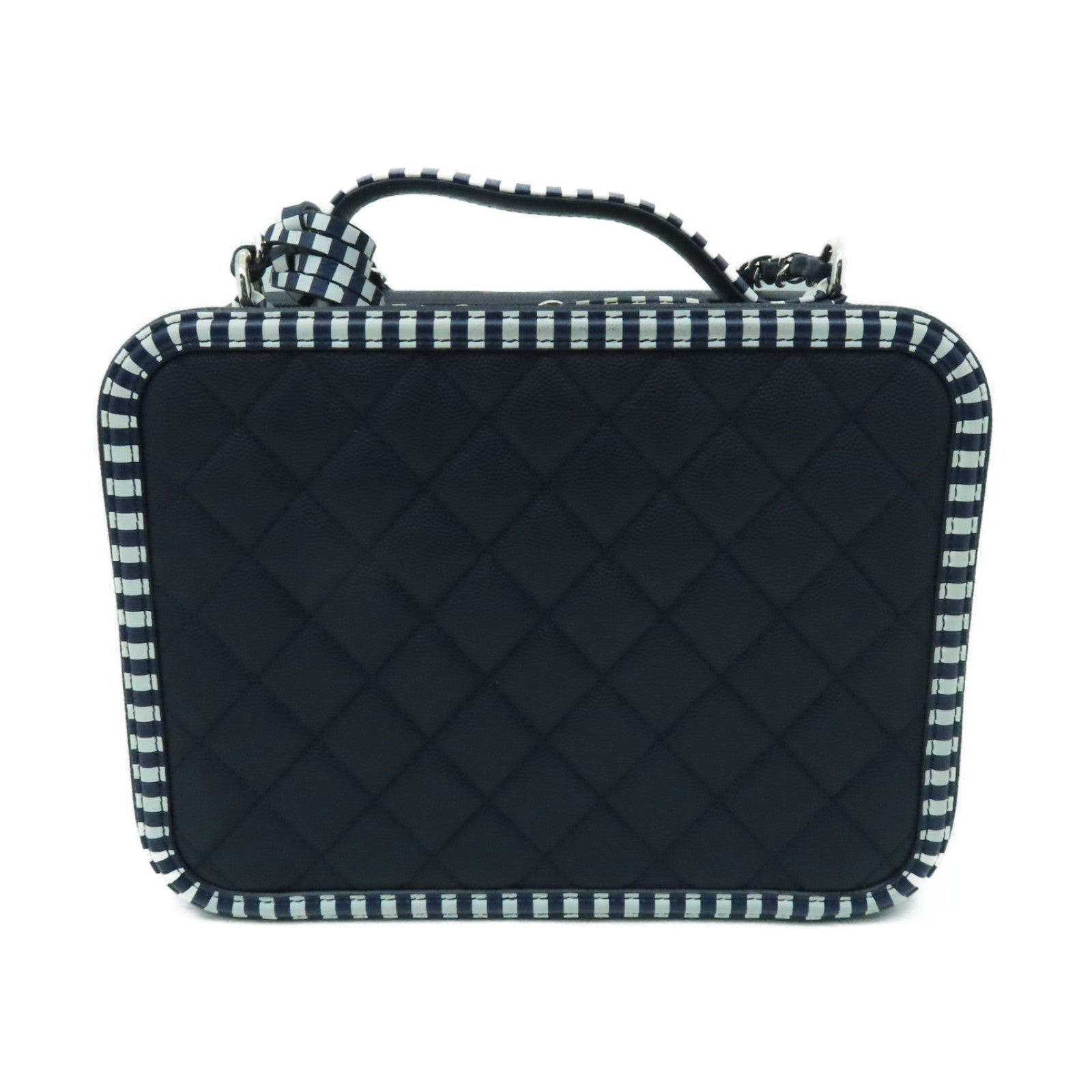CHANEL 【激減優惠】菱格Caviar皮革Vanity Case銀扣手挽肩背兩用袋深藍色/白色