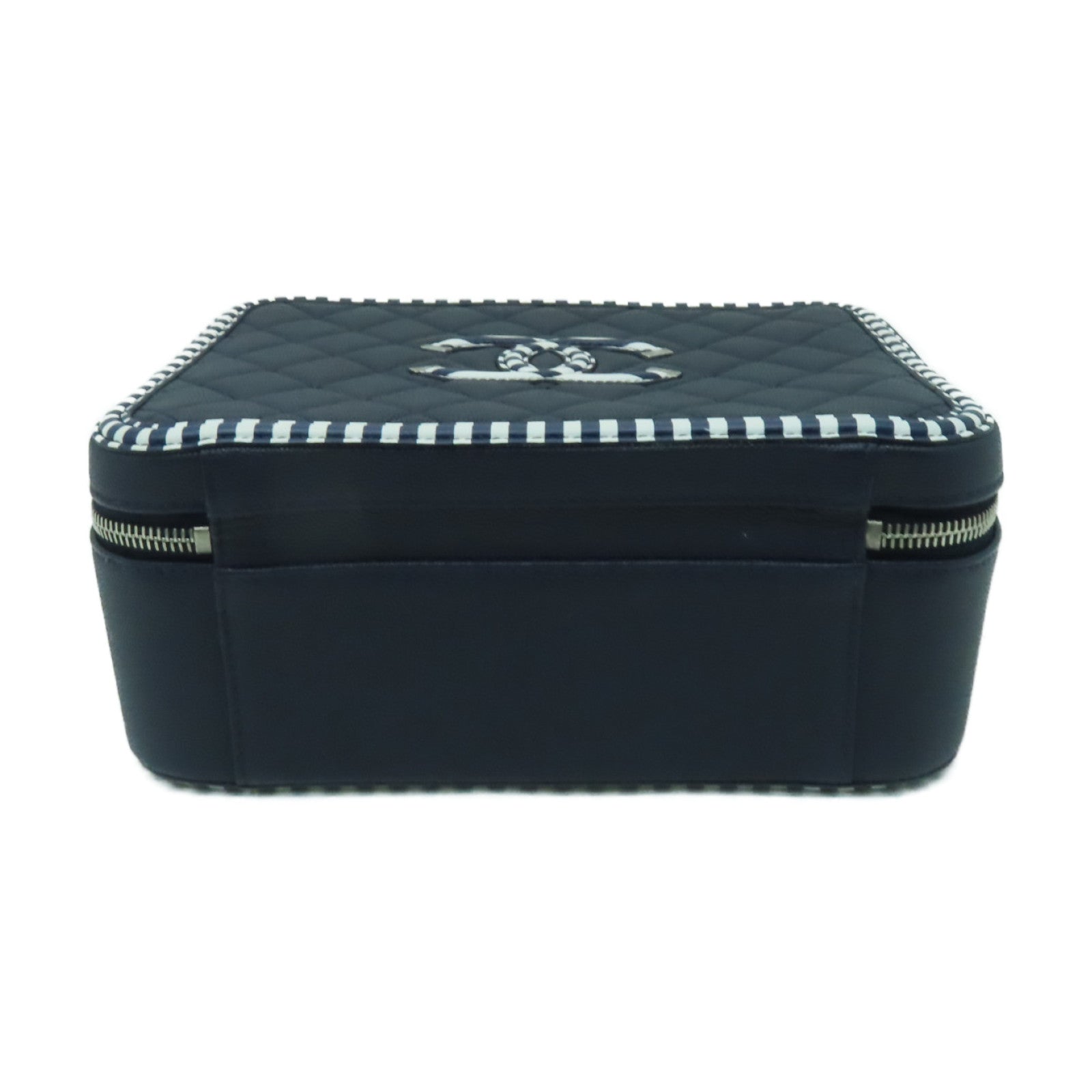 CHANEL 【激減優惠】菱格Caviar皮革Vanity Case銀扣手挽肩背兩用袋深藍色/白色