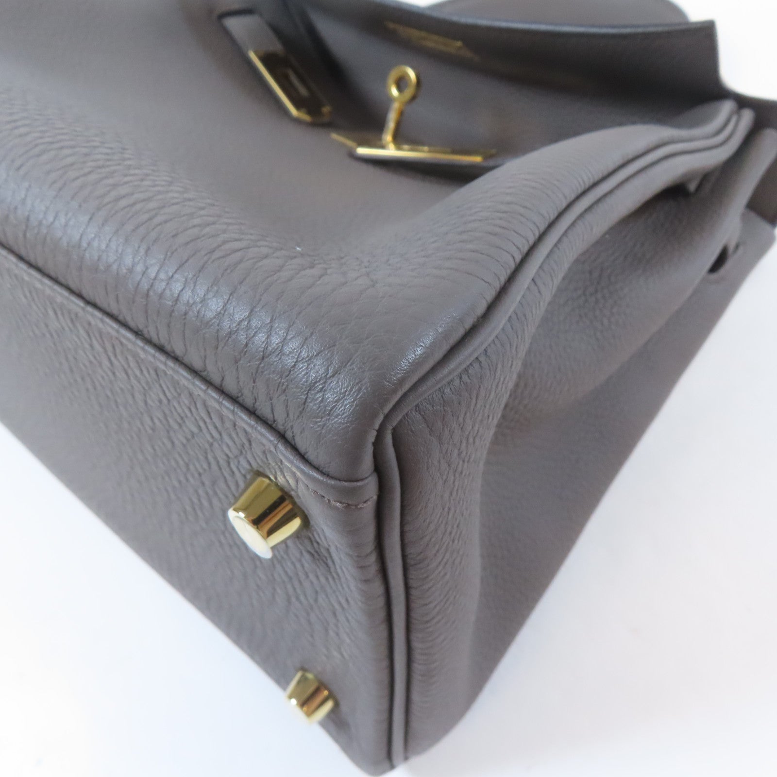 HERMES Clemence皮革Kelly28金扣手挽肩背兩用袋Etain/灰色