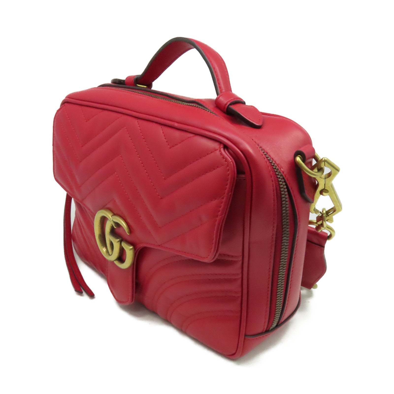 GUCCI **【激減優惠】牛皮皮革GG Marmont 2Way Shoulder Bag金扣鏈帶手挽肩背兩用袋紅色
