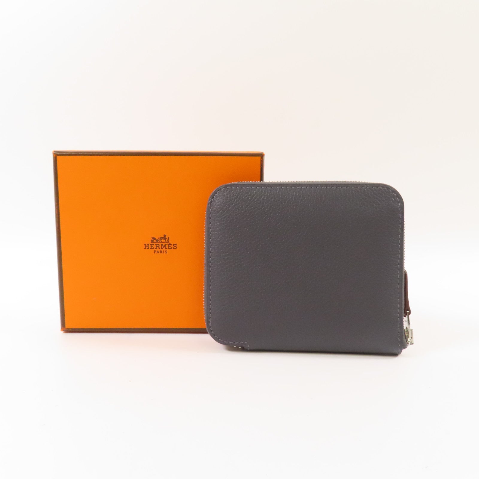 HERMES Epsom皮革/絲質Silk In Compact Wallet銀扣錢包Ardoise