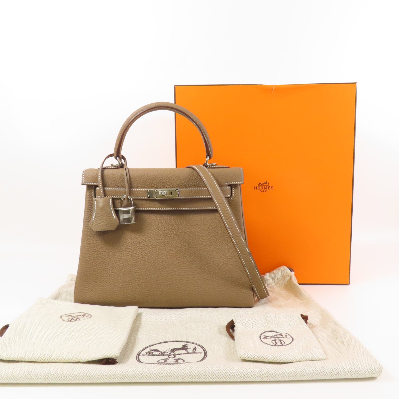 HERMES Togo皮革Kelly 25銀扣手挽肩背兩用袋Etoupe