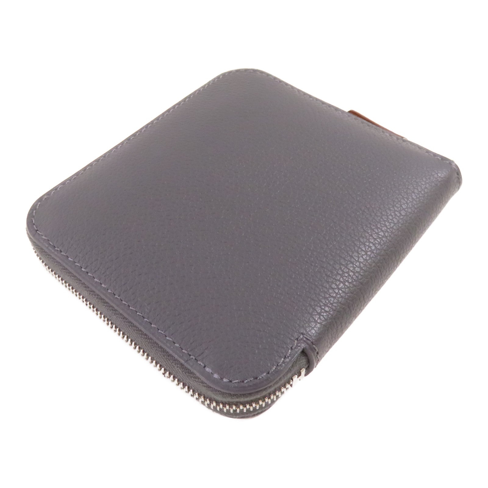 HERMES Epsom皮革/絲質Silk In Compact Wallet銀扣錢包Ardoise