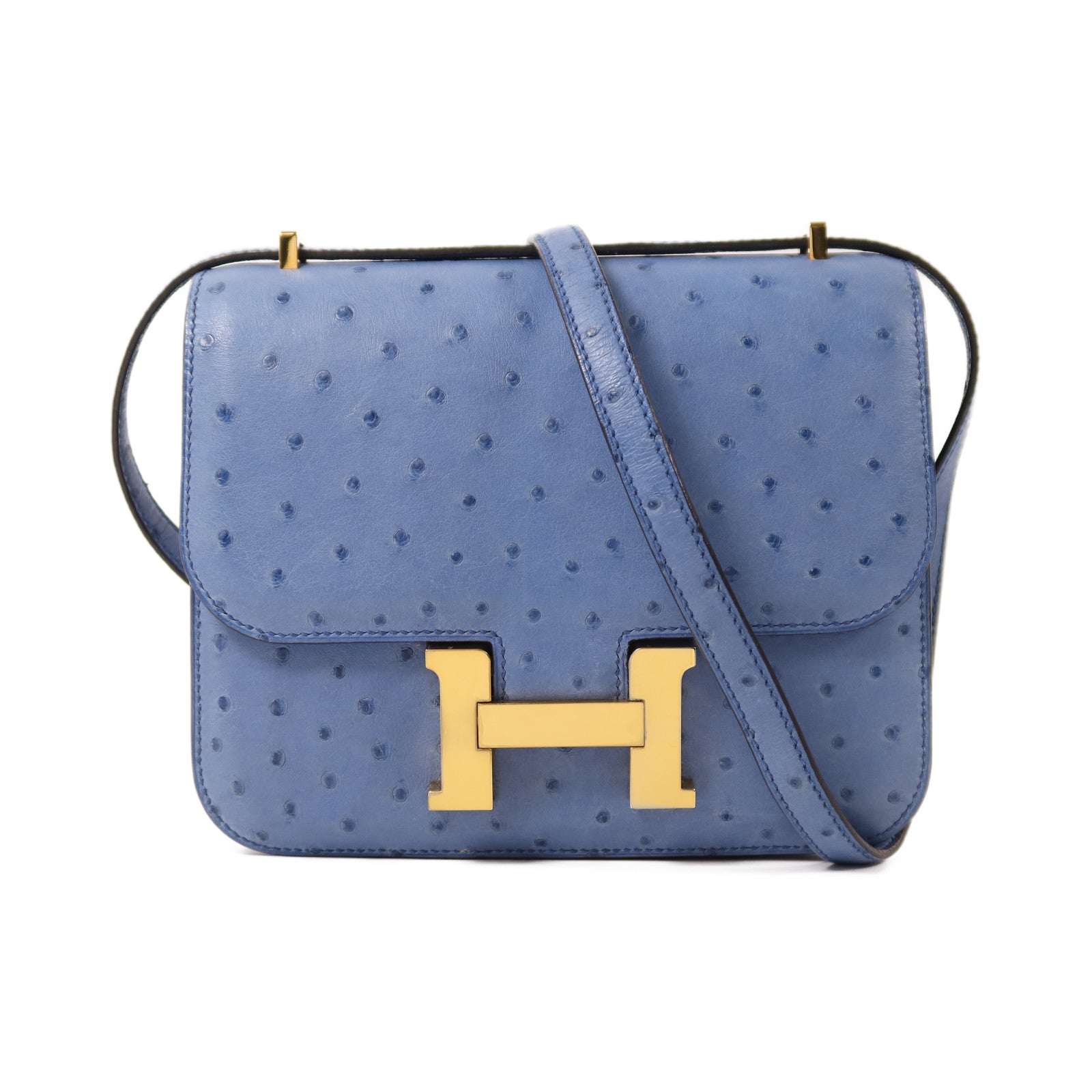 HERMES 鴕鳥皮革Constance Mini金扣肩背袋Cobalt