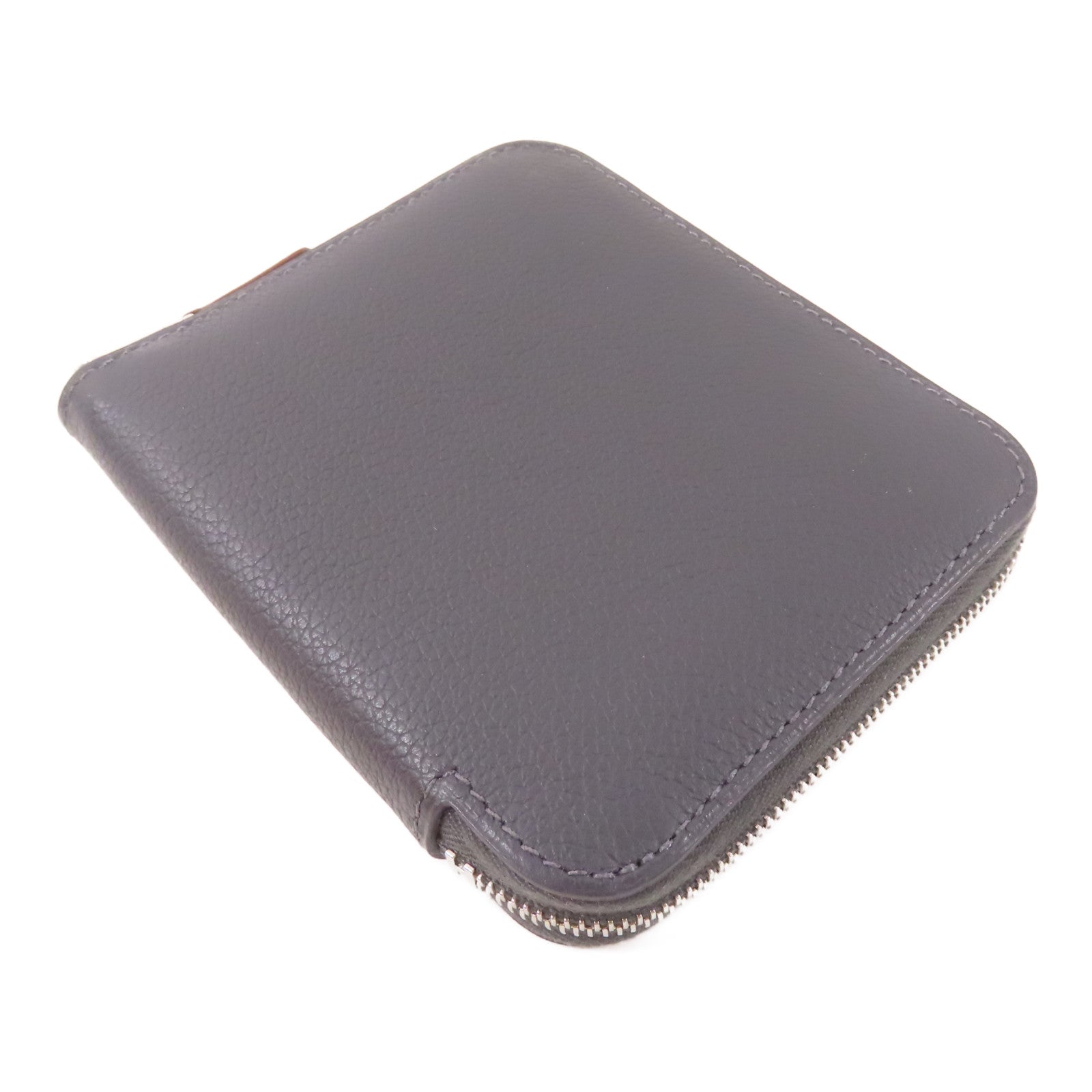 HERMES Epsom皮革/絲質Silk In Compact Wallet銀扣錢包Ardoise