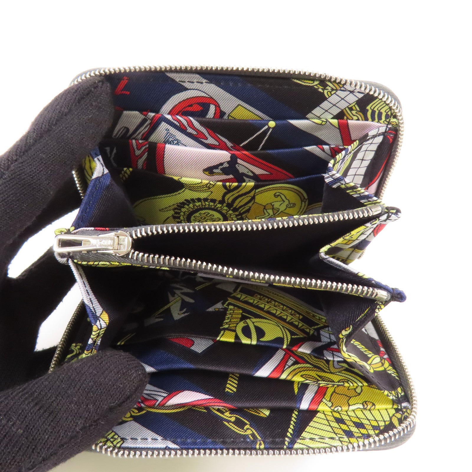 HERMES Epsom皮革/絲質Silk In Compact Wallet銀扣錢包Ardoise