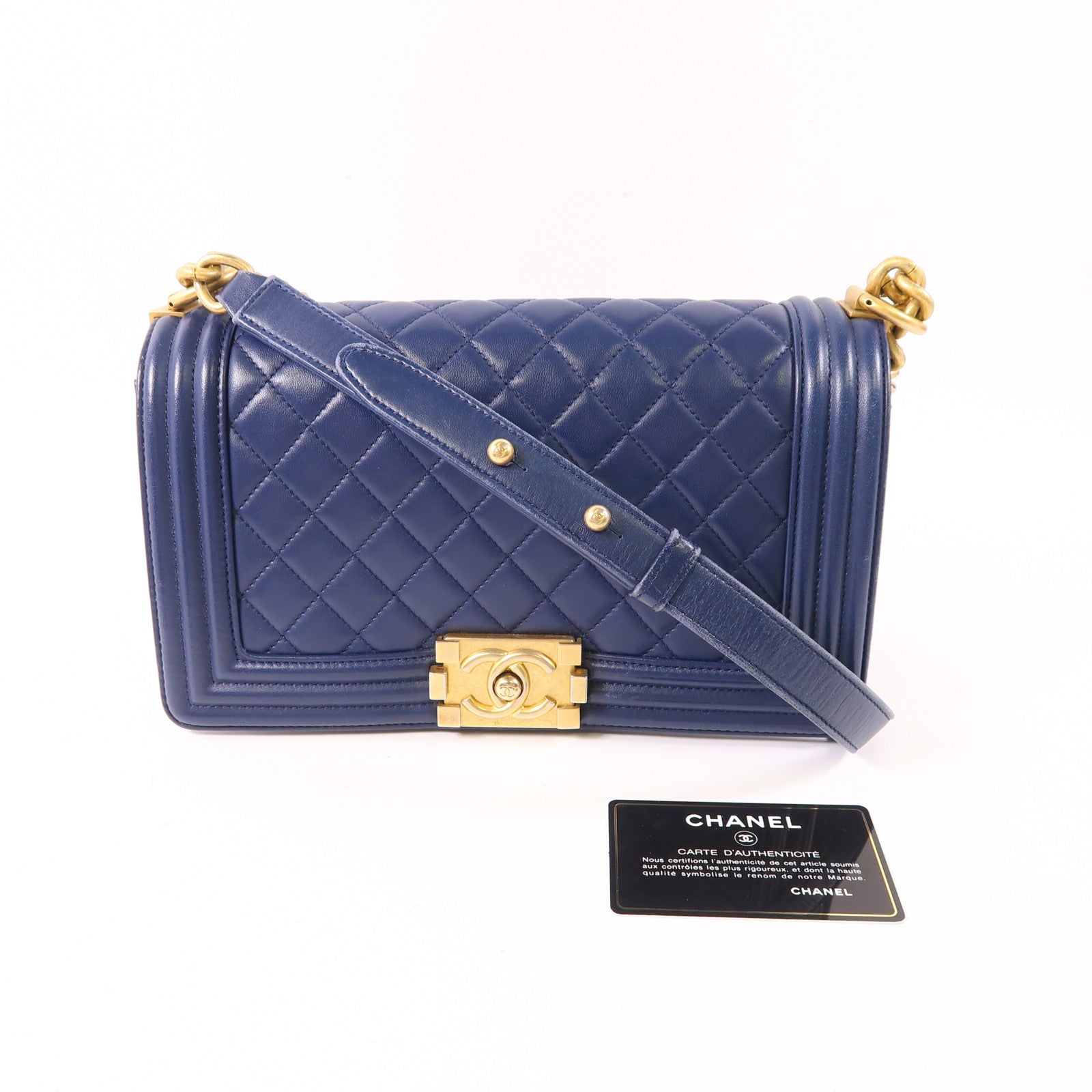 CHANEL CC ¢ÕHW Boy 25cm Chain Shoulder Bag Lambskin Leather Navy