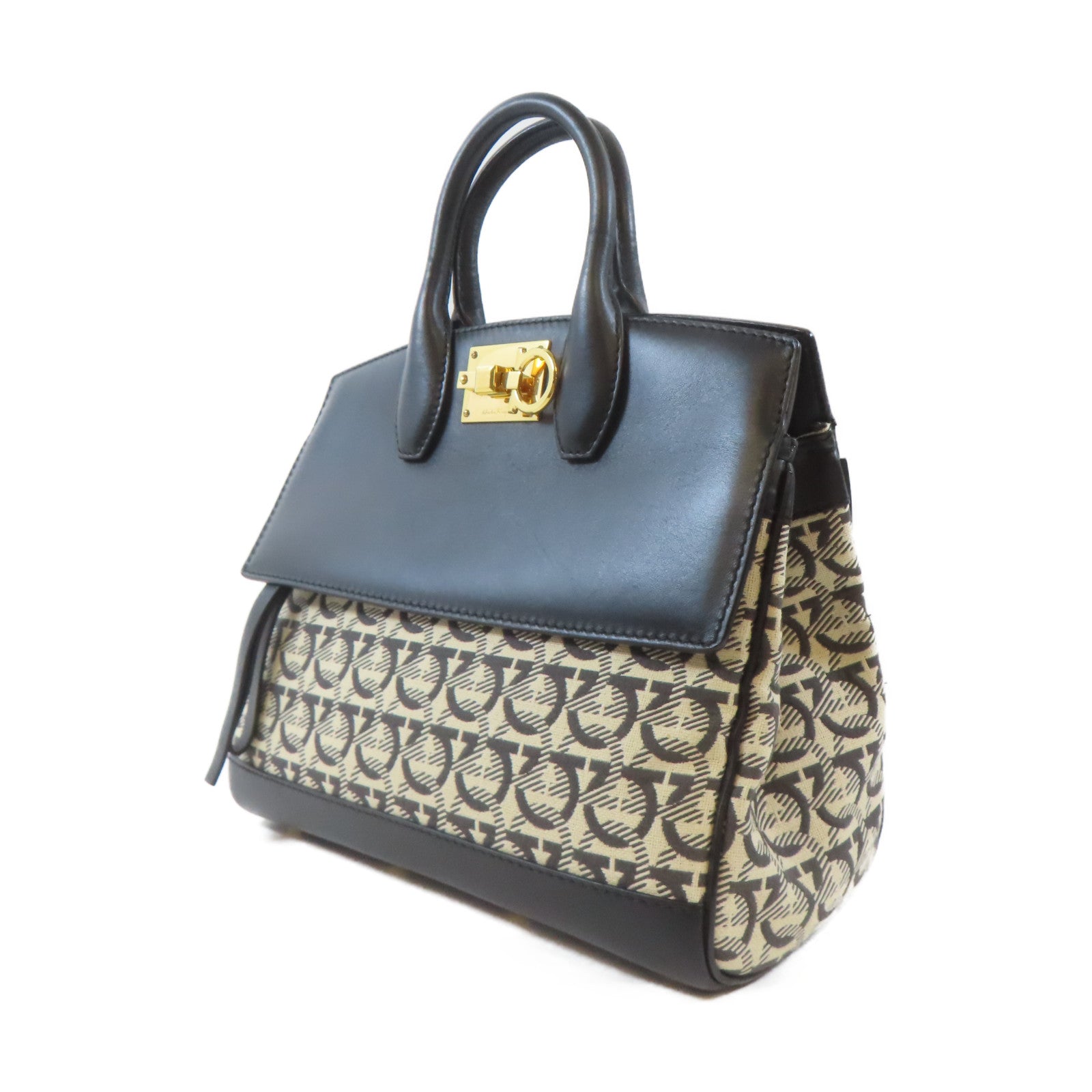 Salvatore Ferragamo 帆布/牛皮皮革Studio Bag金扣手挽肩背兩用袋黑色/米白色