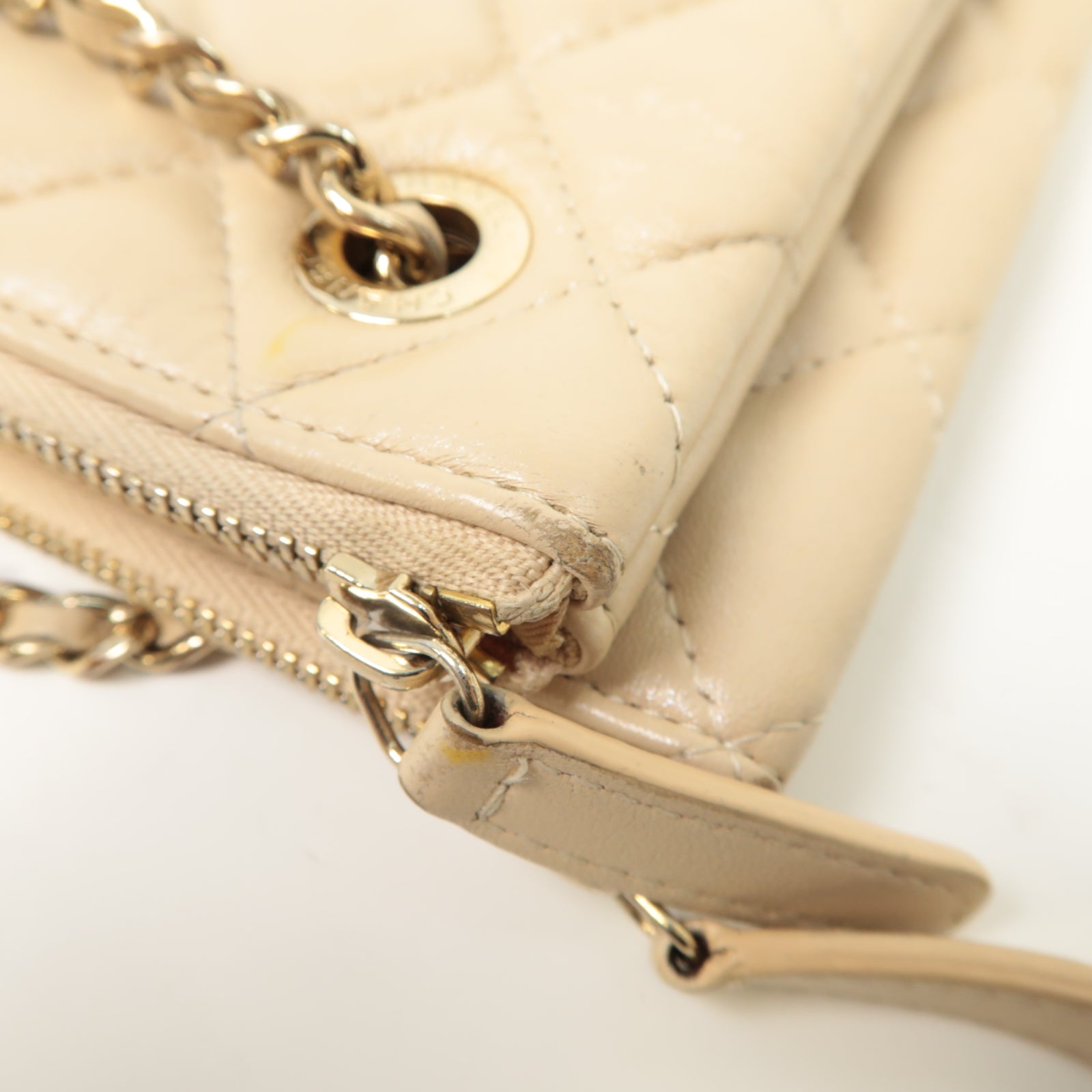 CHANEL 菱格牛皮皮革Chain Shoulder Bag金扣鏈帶肩背袋米色