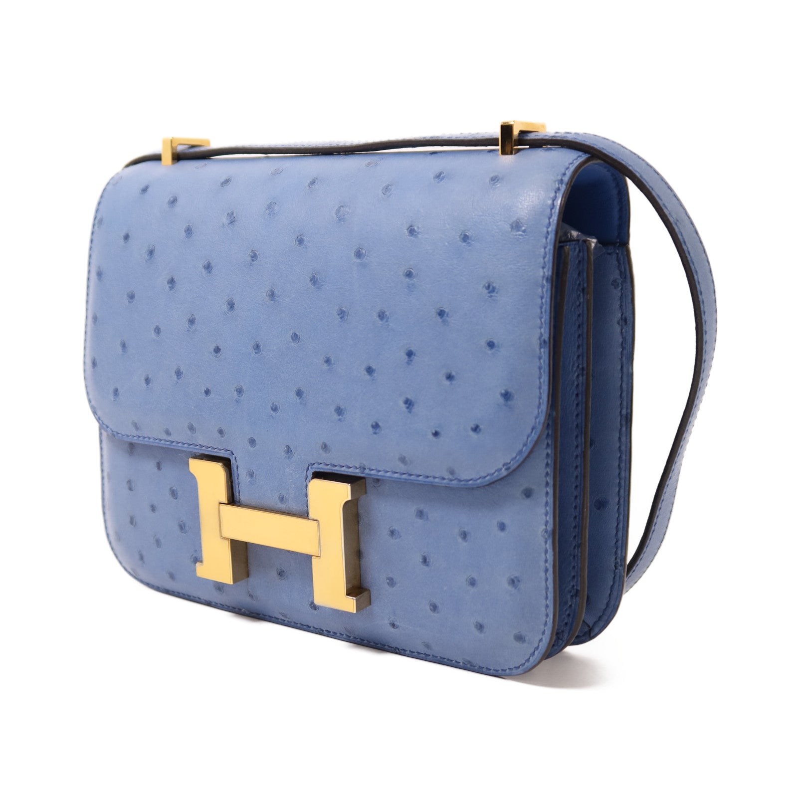 HERMES 鴕鳥皮革Constance Mini金扣肩背袋Cobalt