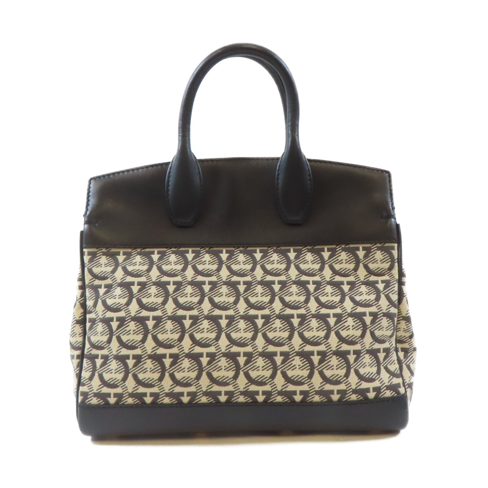 Salvatore Ferragamo 帆布/牛皮皮革Studio Bag金扣手挽肩背兩用袋黑色/米白色