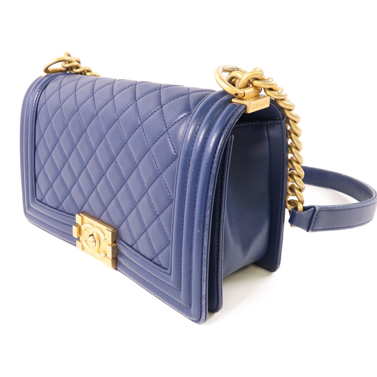 CHANEL CC ¢ÕHW Boy 25cm Chain Shoulder Bag Lambskin Leather Navy