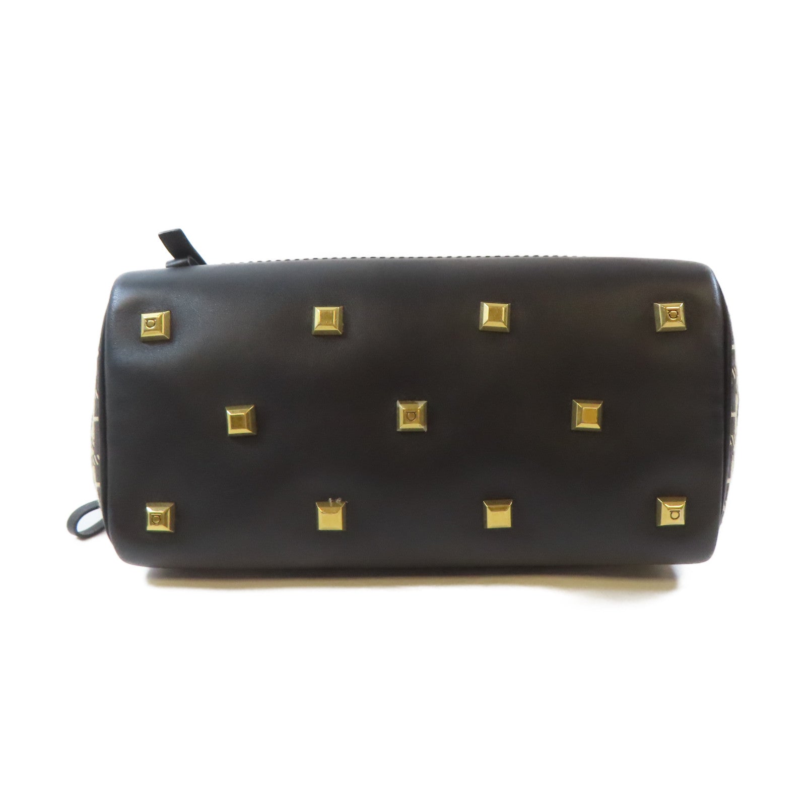 Salvatore Ferragamo 帆布/牛皮皮革Studio Bag金扣手挽肩背兩用袋黑色/米白色