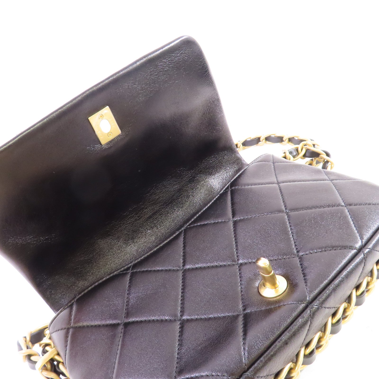 CHANEL 菱格牛皮皮革Chain Shoulder Bag金扣鏈帶肩背袋黑色