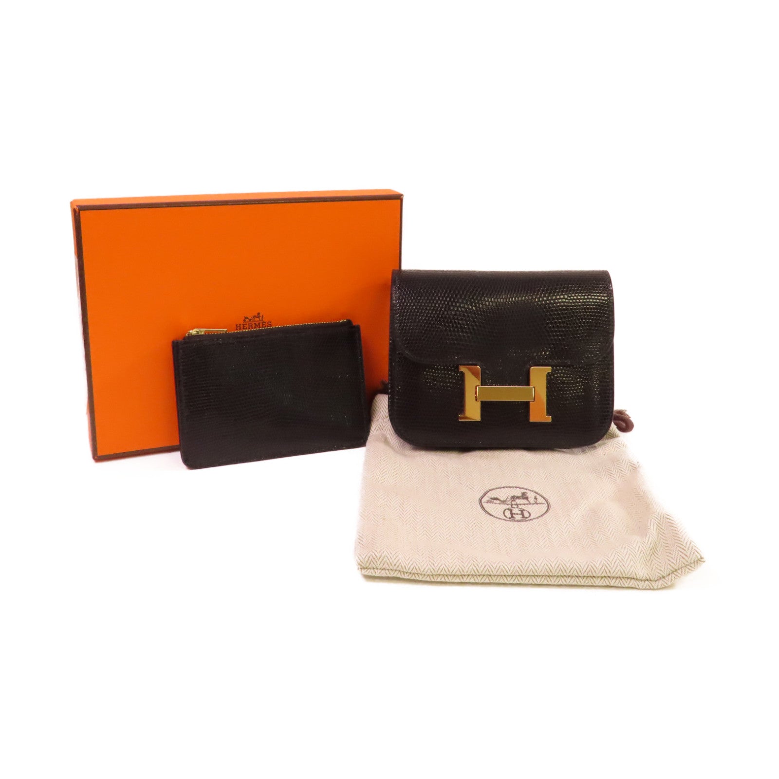 HERMES 蜥蝪皮革Constance Slim金扣錢包黑色