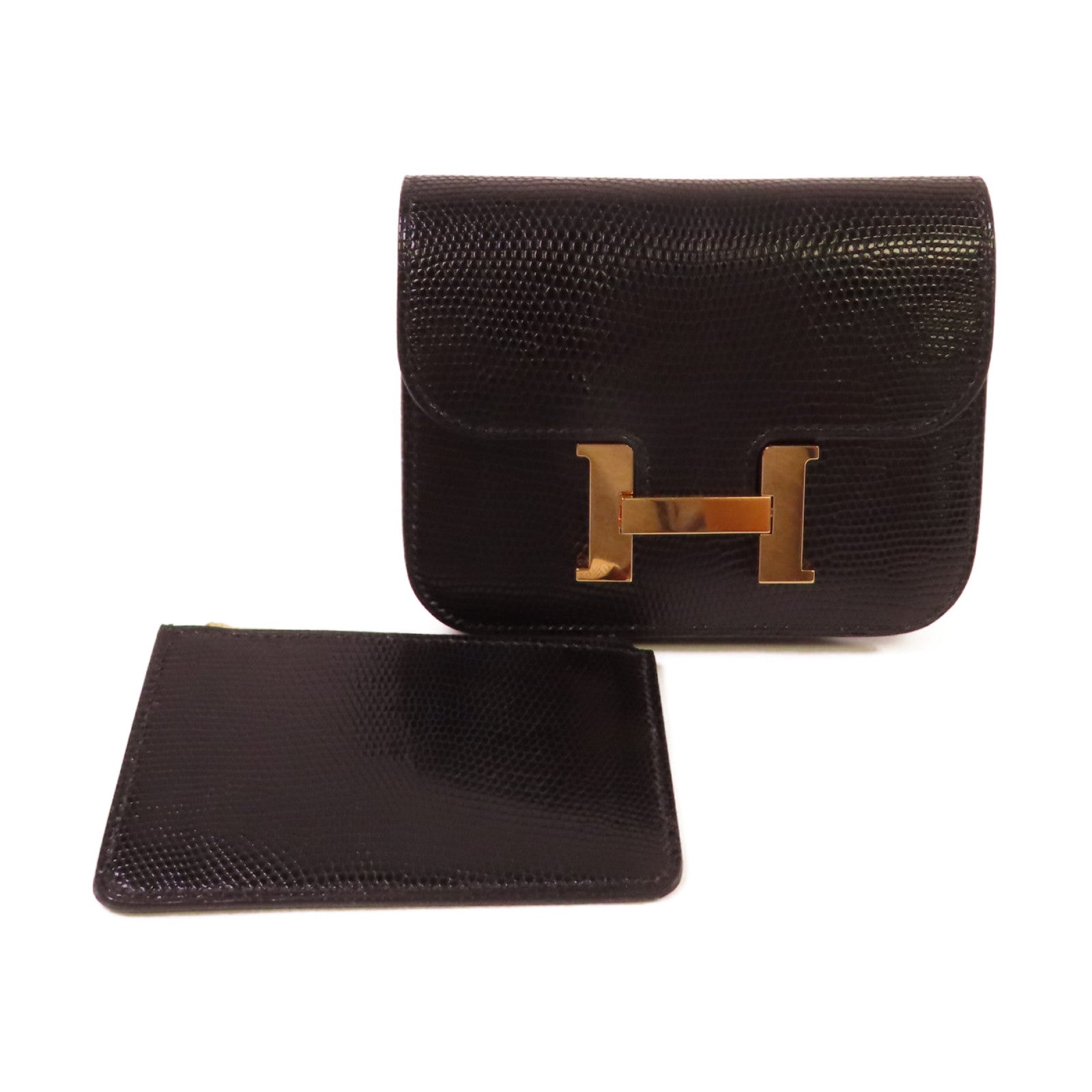 HERMES 蜥蝪皮革Constance Slim金扣錢包黑色