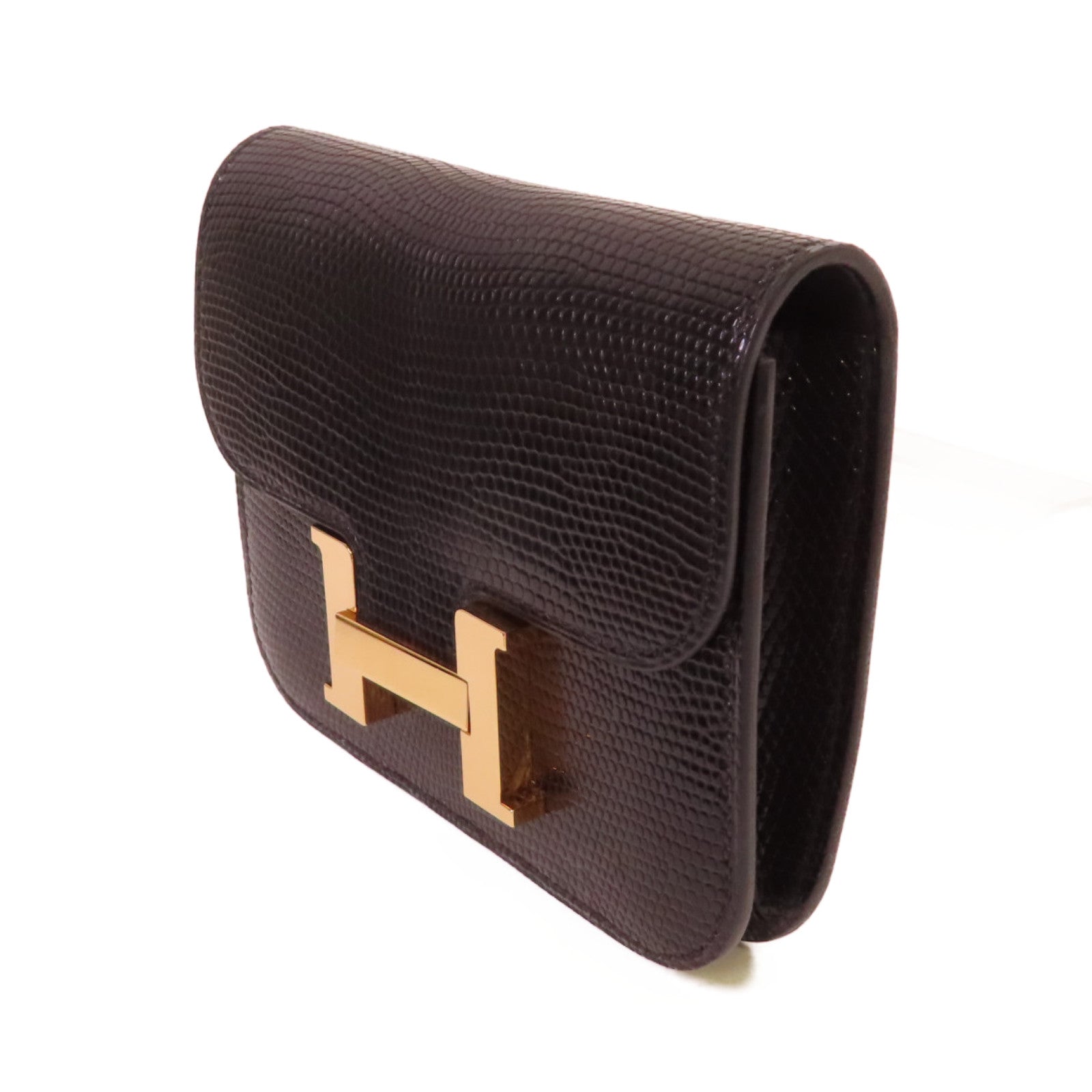 HERMES 蜥蝪皮革Constance Slim金扣錢包黑色