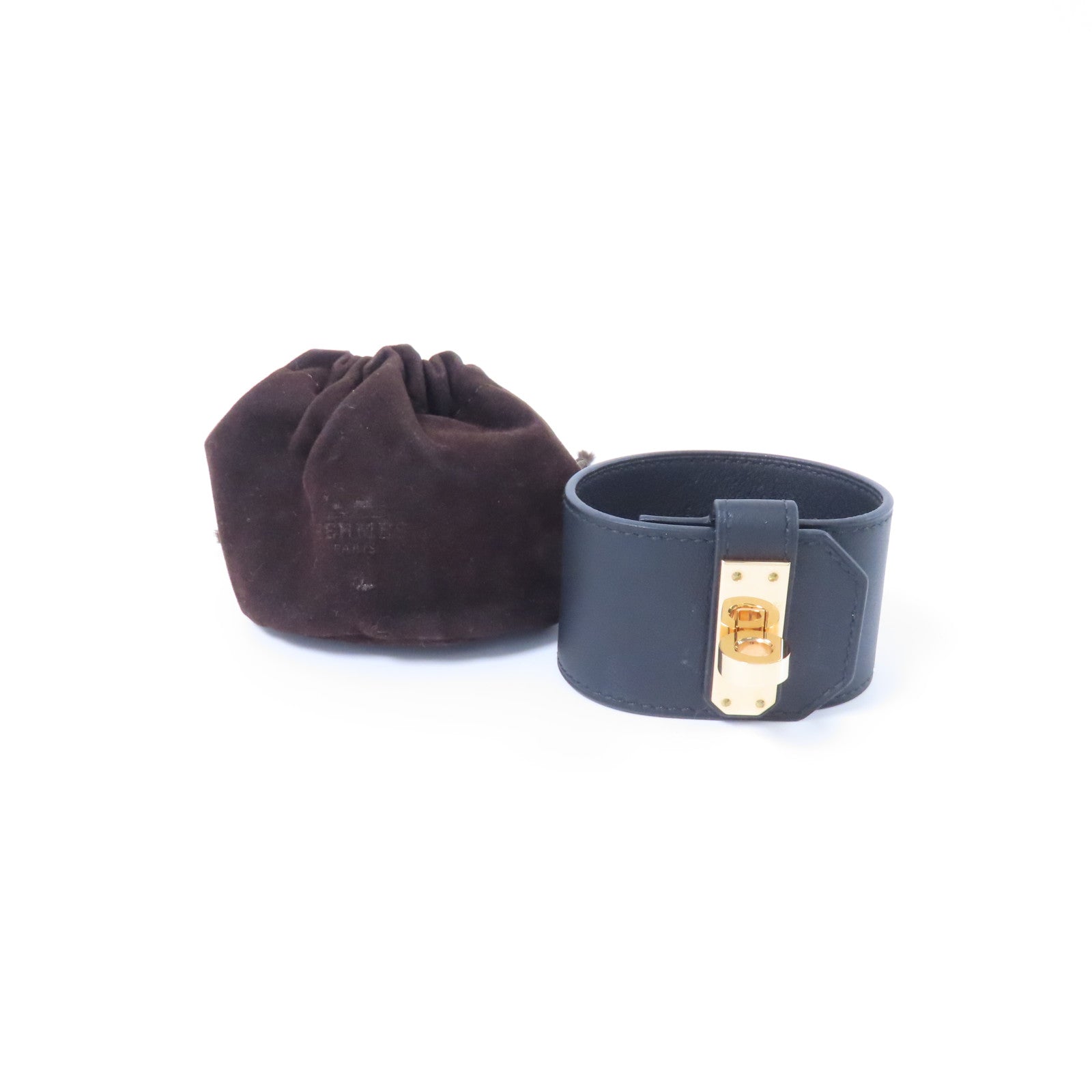HERMES 牛皮皮革Bracelet金扣手鐲89 Noir/黑色