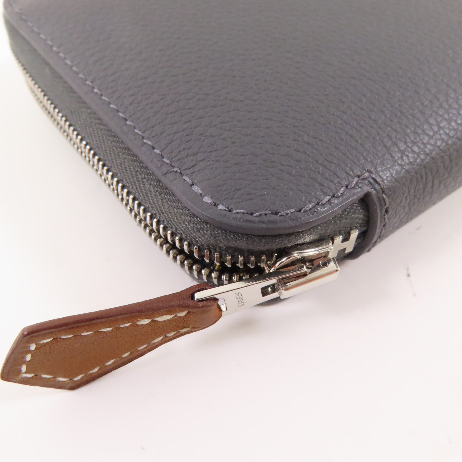 HERMES Epsom皮革/絲質Silk In Compact Wallet銀扣錢包Ardoise