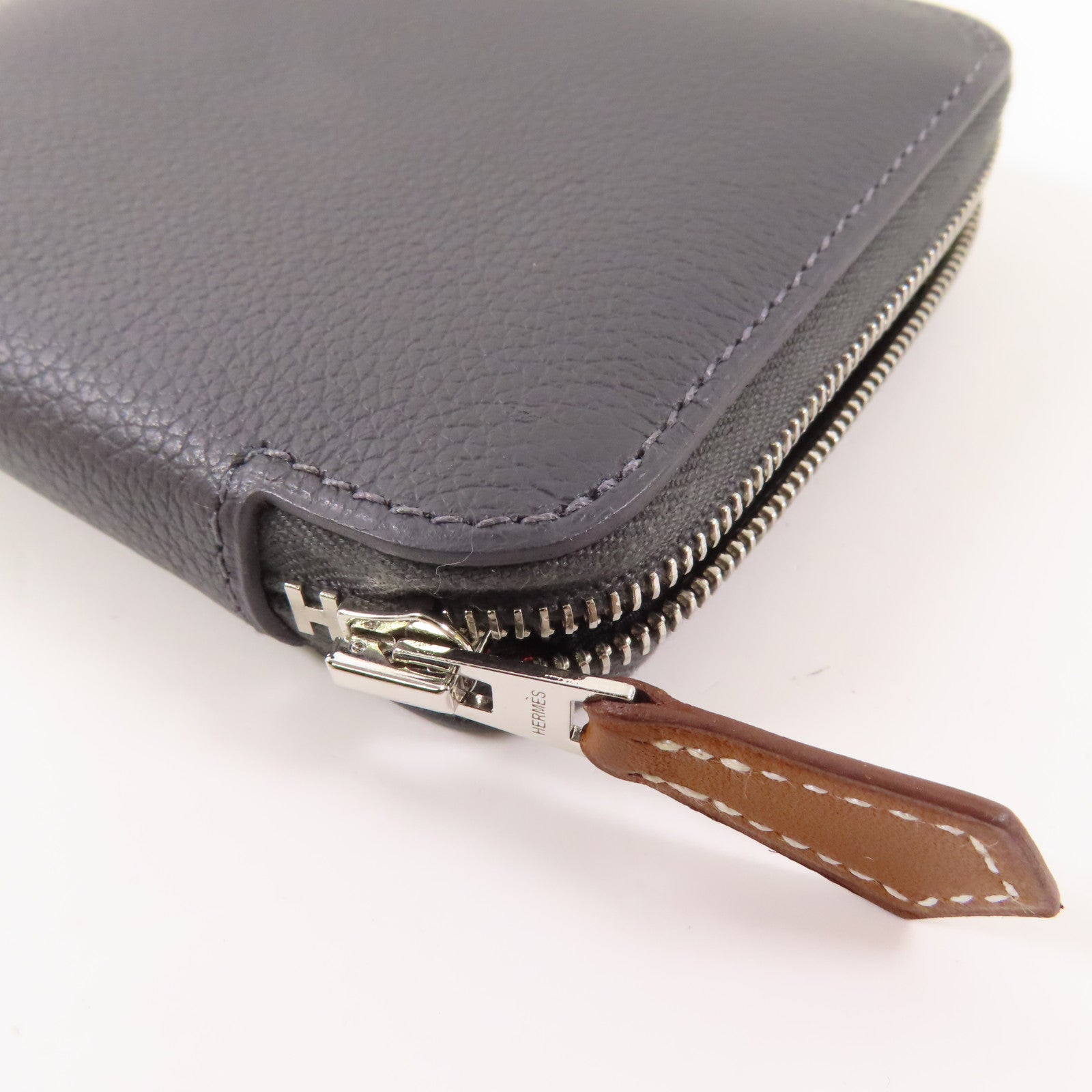 HERMES Epsom皮革/絲質Silk In Compact Wallet銀扣錢包Ardoise