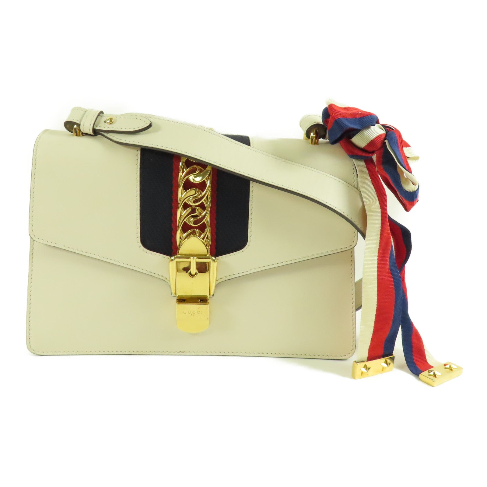 GUCCI GG GHW Sylvie Shoulder Bag Calfskin Leather Beige