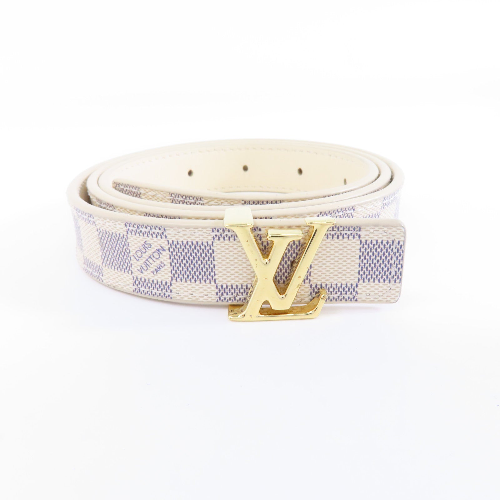 LOUIS VUITTON Damier Azur Belt 80cm金扣皮帶米色