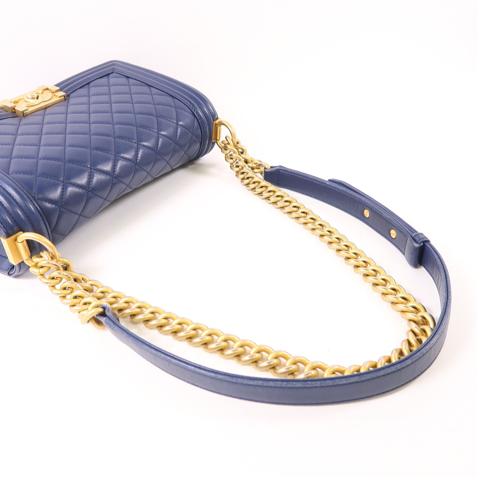 CHANEL CC ¢ÕHW Boy 25cm Chain Shoulder Bag Lambskin Leather Navy