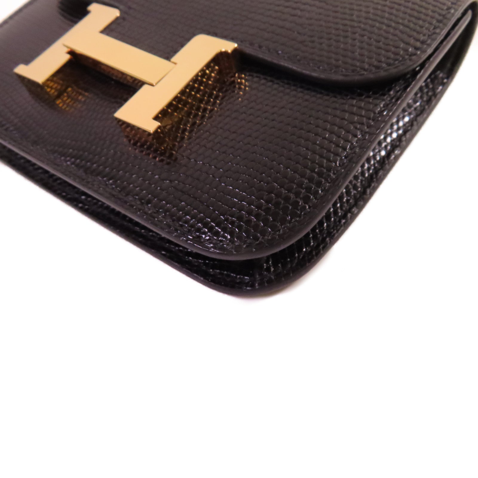 HERMES 蜥蝪皮革Constance Slim金扣錢包黑色