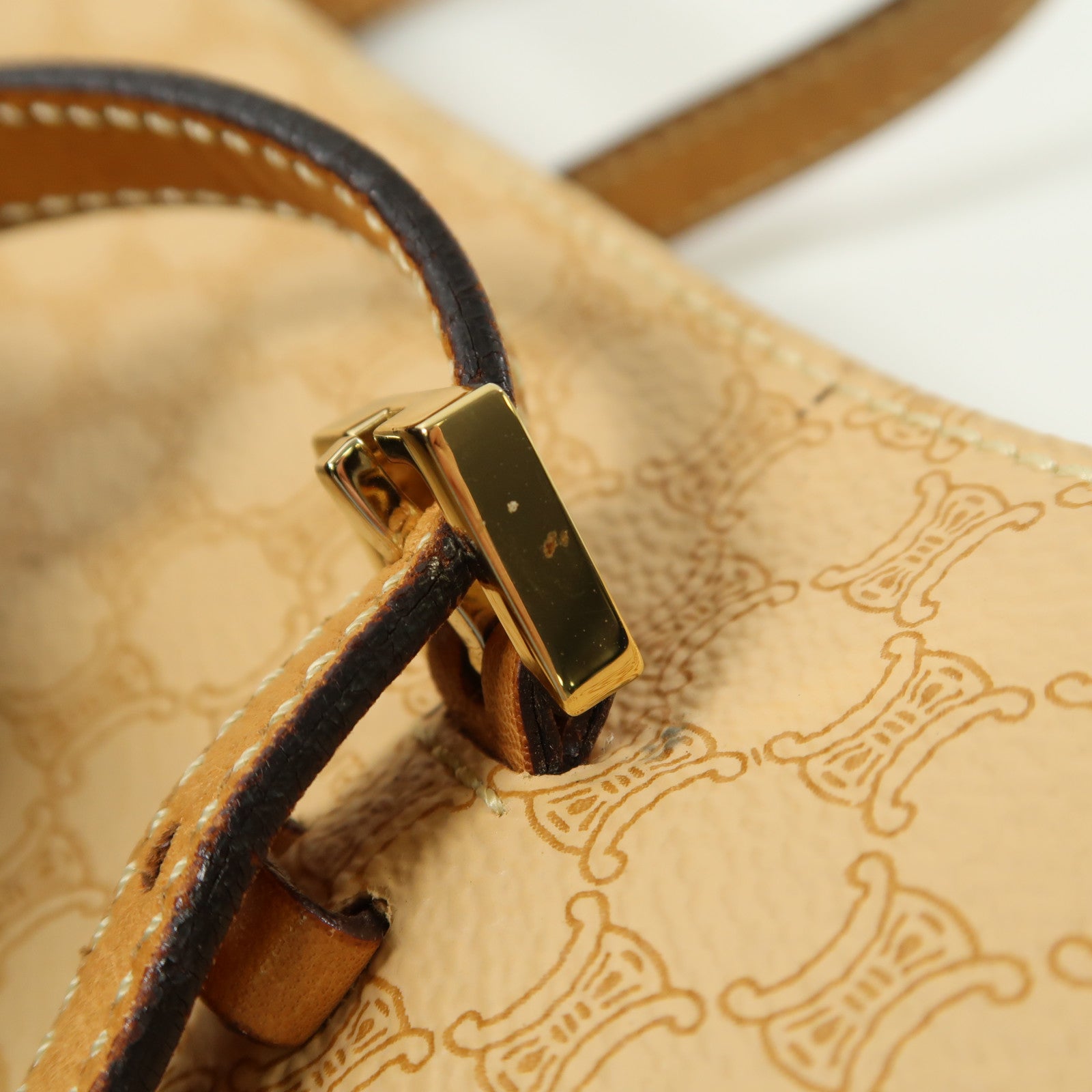 CELINE 塗層帆布/牛皮皮革Hand Bag金扣手挽袋淺褐色