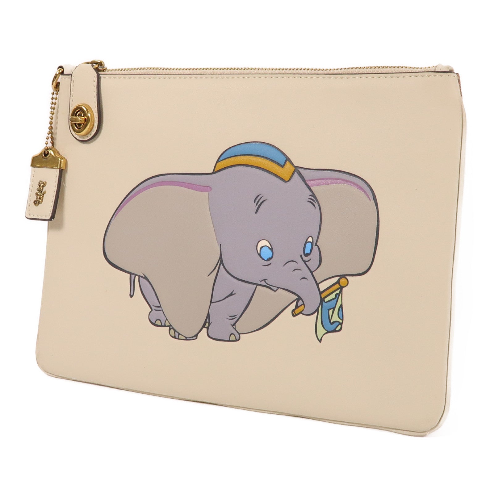 COACH GHW Clutch Bag Pouch Calfskin Leather White/Brown