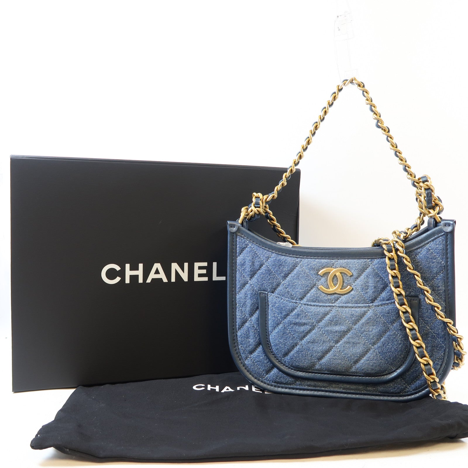CHANEL 菱格牛仔布Hobo Bag金扣手挽肩背兩用袋藍色