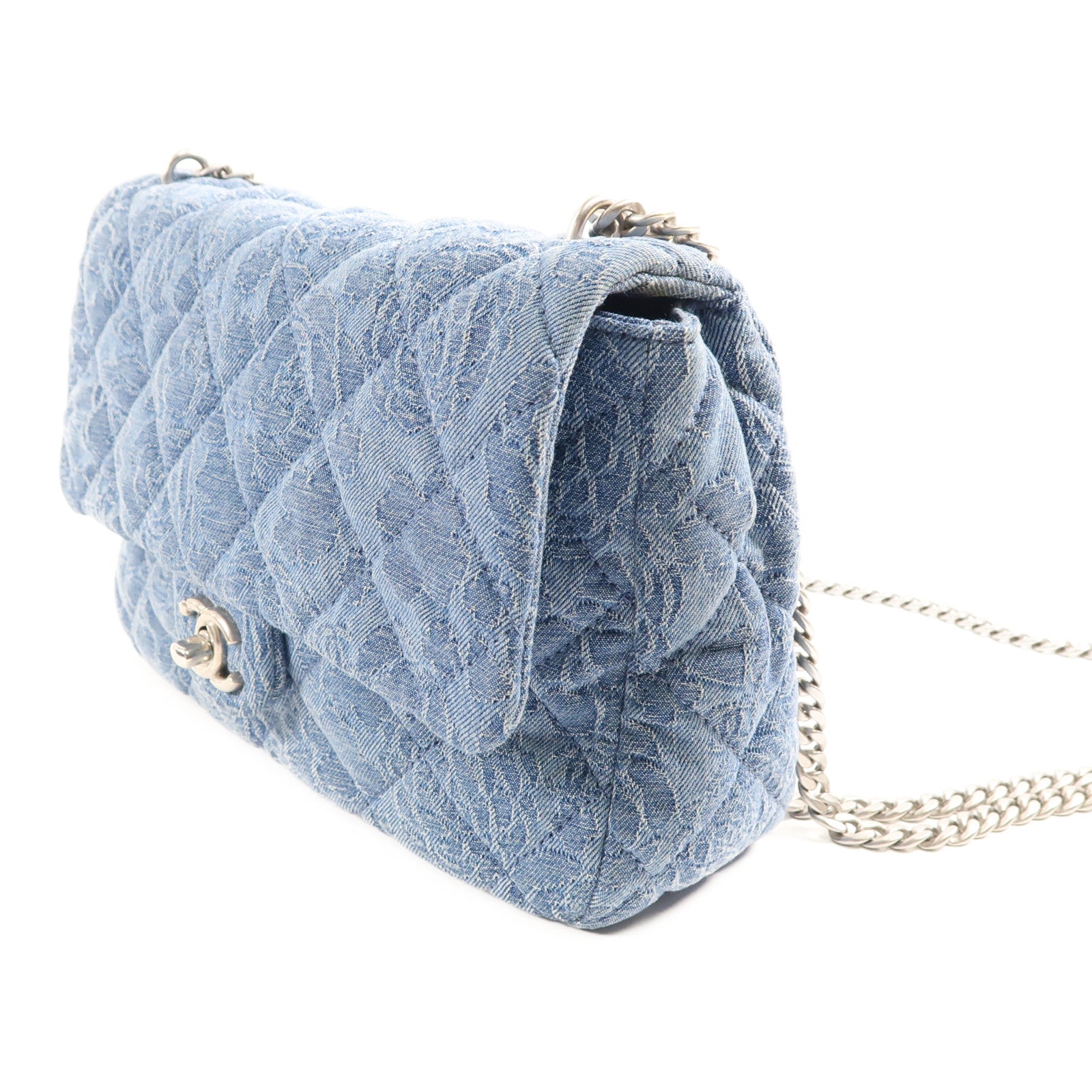 CHANEL 牛仔布Chain Shoulder 銀扣鏈帶肩背袋