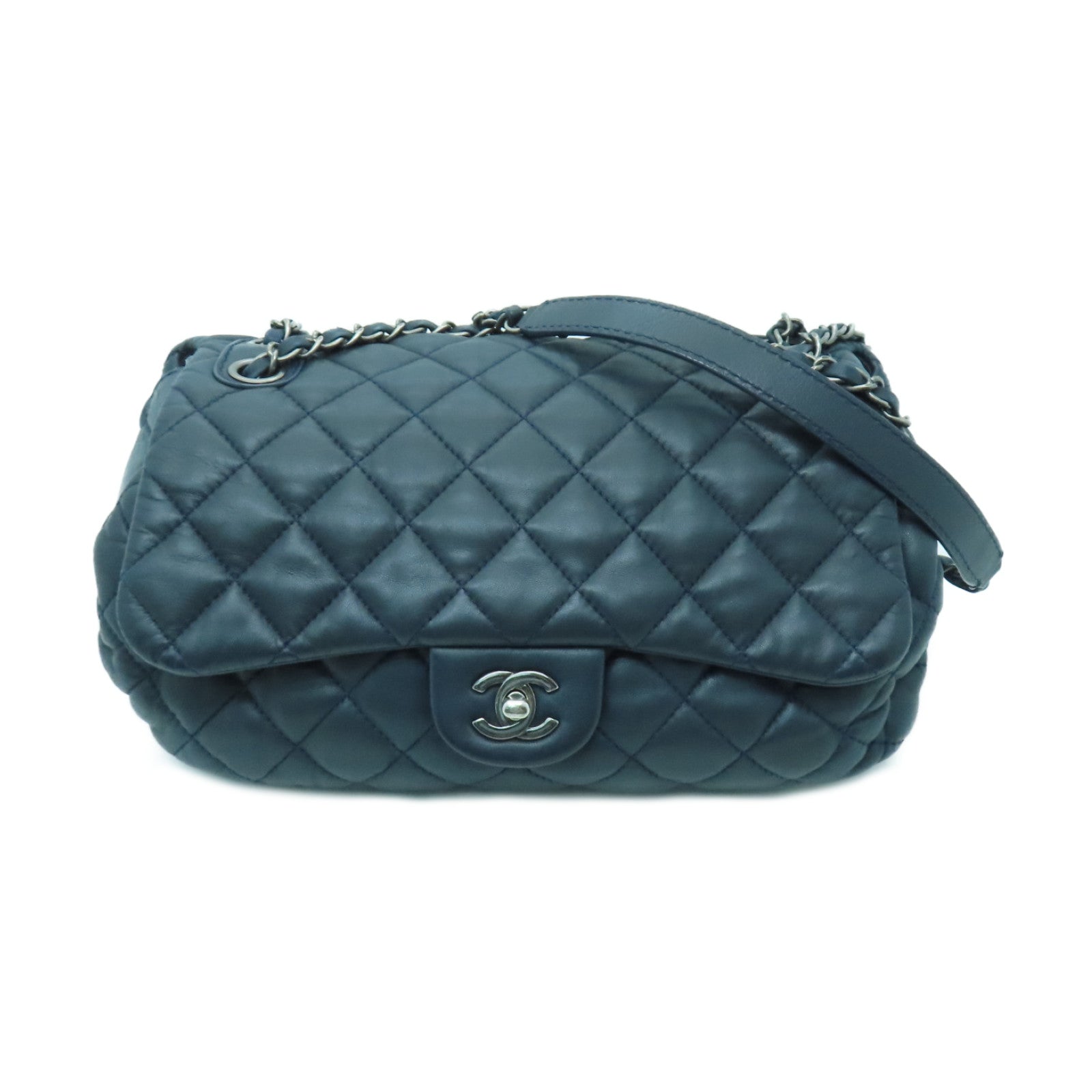 CHANEL **【清倉大減價】菱格皮革Shoulder Bag銀扣肩背袋藍色