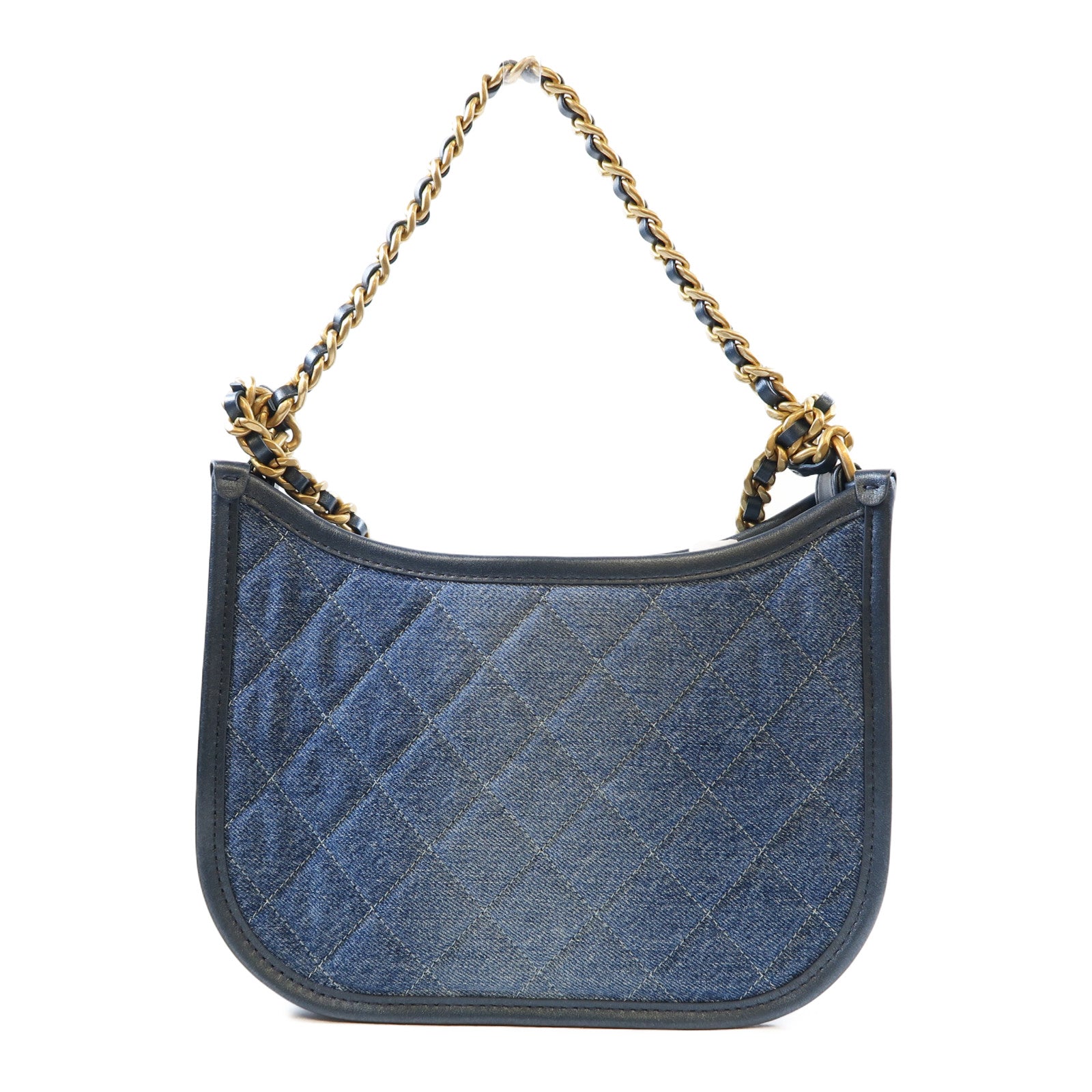 CHANEL 菱格牛仔布Hobo Bag金扣手挽肩背兩用袋藍色