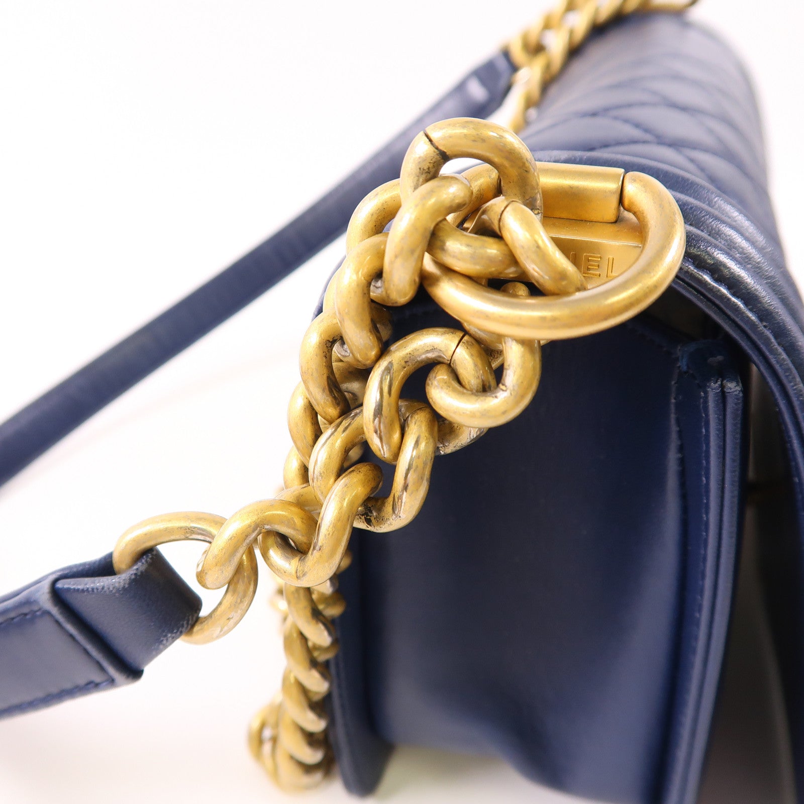 CHANEL CC ¢ÕHW Boy 25cm Chain Shoulder Bag Lambskin Leather Navy