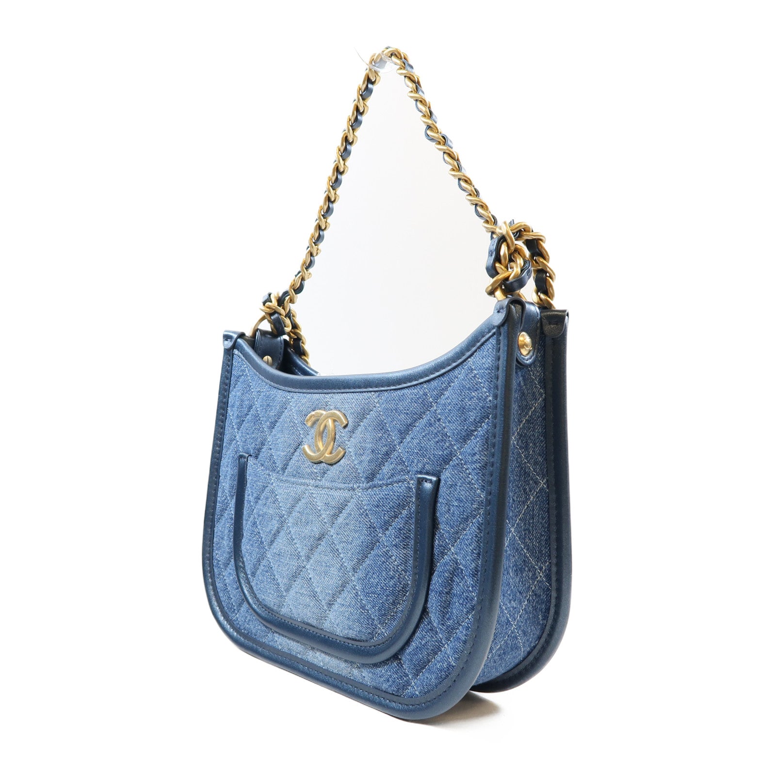 CHANEL 菱格牛仔布Hobo Bag金扣手挽肩背兩用袋藍色