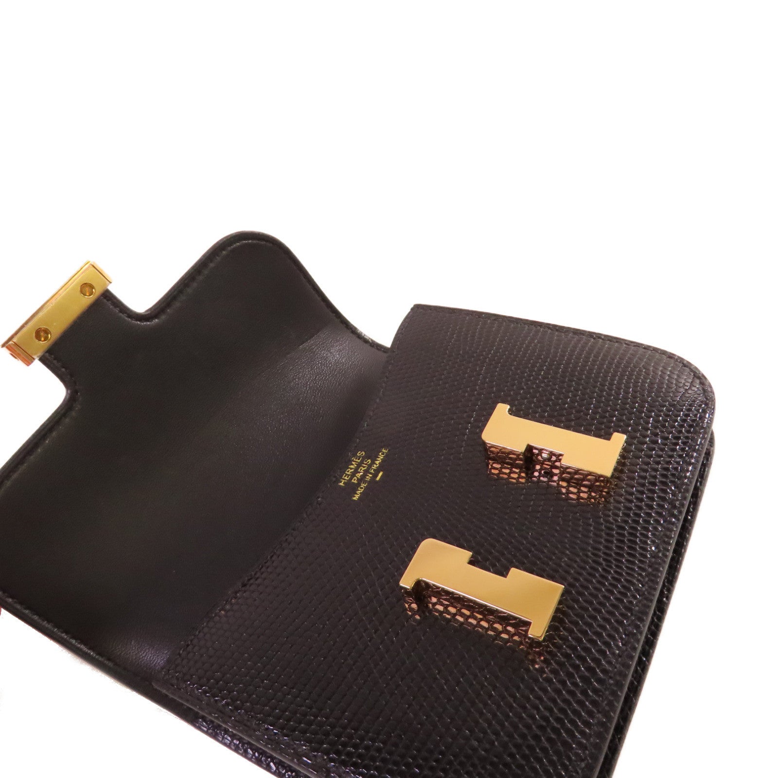 HERMES 蜥蝪皮革Constance Slim金扣錢包黑色