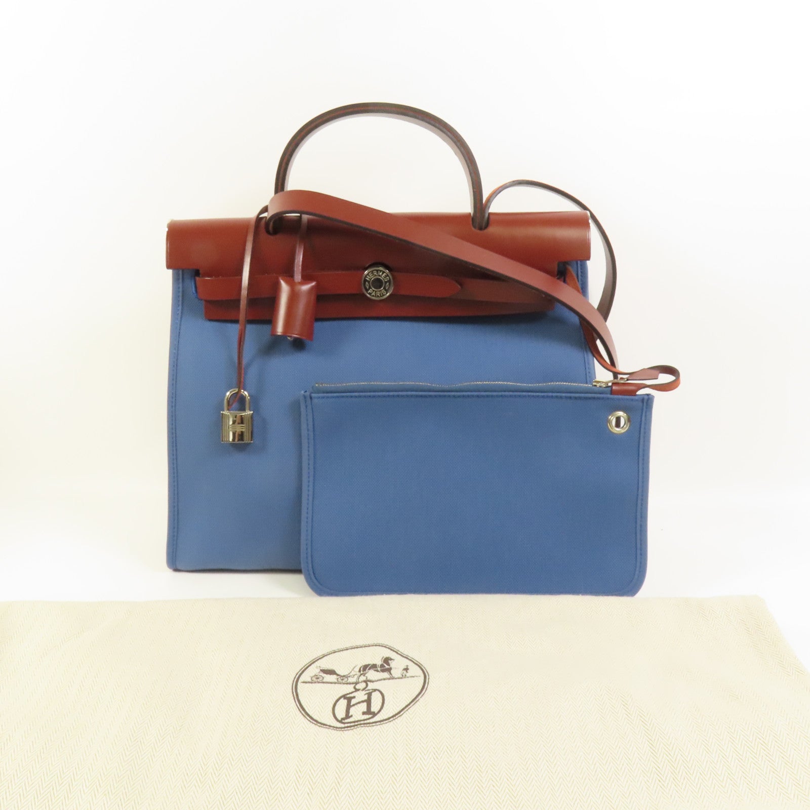 HERMES 帆布Herbag PM銀扣手挽肩背兩用袋Blue Tempete