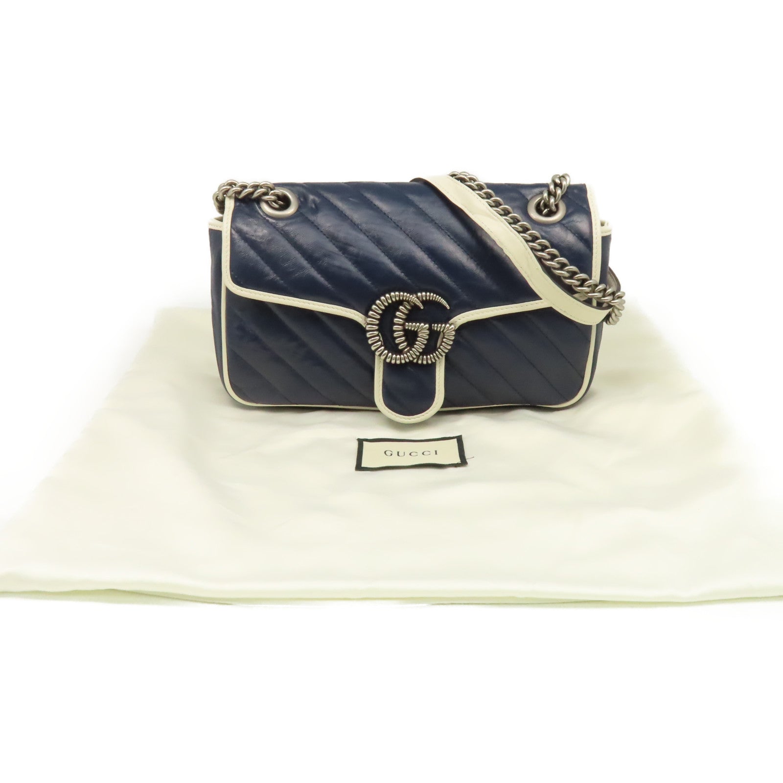GUCCI 【激減優惠】牛皮皮革GG Marmont Small Shoulder Bag鏈帶肩背袋寶藍色/米白色